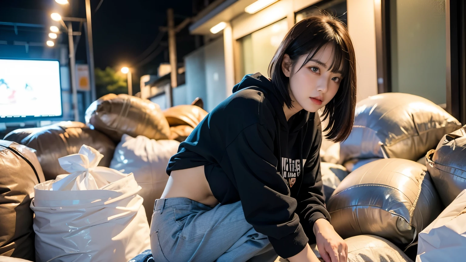 (((Crouching down and looking at me))),(((Perfect Fingers))),18-year-old,Korean women,Downtown trash dump,(((Facing forward))),(((Frowning,カメラをGlaring))),(Very fine eye), (((Wearing a black hoodie,Wearing baggy pants))),((photograph)),((Woman in downtown)),(((Fabric Shading))), (((highest quality))), (((masterpiece))) strong girl, ((((Realistic)))), I have a card,Black Hair, chic hairstyle, ((With bangs,Straight medium bob cut, nice hair)), Light makeup,Red eyes, (((I&#39;m not wearing lipstick))), (nice, strong), Strong night atmosphere,  Centered Images, Focus on the camera, Elegant colors,Realistic Skin,Realistic texture,８k,whole body,Pale skin, (((Dirty garbage dump))),A huge amount of trash,Red iris,Expressionless,Glaring,Perfect Face,(((Big eyes))),She is wearing wide black pants,Mouth closed, portrait of aespaのウィンター,She is wearing black streetwear, Woman in black streetwear, 黒いハイテクな服を着た女性のphotograph, Girl wearing black hoodie, Cyberpunk Streetwear, Cyberpunk Streetwear street fashion e-girl,