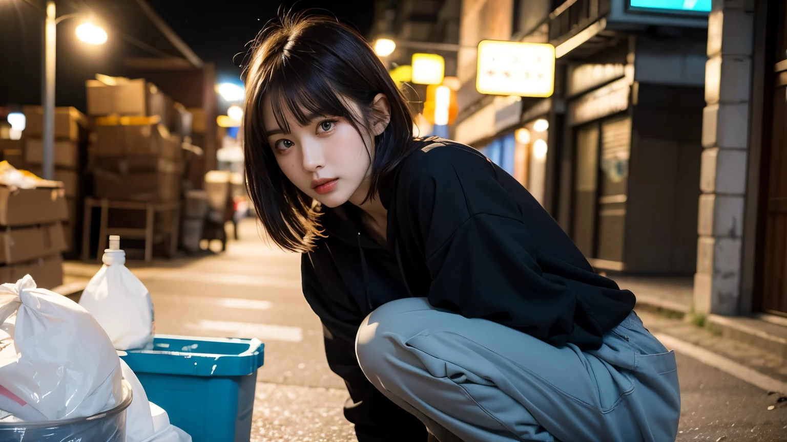 (((Crouching down and looking at me))),(((Perfect Fingers))),18-year-old,Korean women,Downtown trash dump,(((Facing forward))),(((Frowning,カメラをGlaring))),(Very fine eye), (((Wearing a black hoodie,Wearing baggy pants))),((photograph)),((Woman in downtown)),(((Fabric Shading))), (((highest quality))), (((masterpiece))) strong girl, ((((Realistic)))), I have a card,Black Hair, chic hairstyle, ((With bangs,Straight medium bob cut, nice hair)), Light makeup,Red eyes, (((I&#39;m not wearing lipstick))), (nice, strong), Strong night atmosphere,  Centered Images, Focus on the camera, Elegant colors,Realistic Skin,Realistic texture,８k,whole body,Pale skin, (((Dirty garbage dump))),A huge amount of trash,Red iris,Expressionless,Glaring,Perfect Face,(((Big eyes))),She is wearing wide black pants,Mouth closed, portrait of aespaのウィンター,She is wearing black streetwear, Woman in black streetwear, 黒いハイテクな服を着た女性のphotograph, Girl wearing black hoodie, Cyberpunk Streetwear, Cyberpunk Streetwear street fashion e-girl,