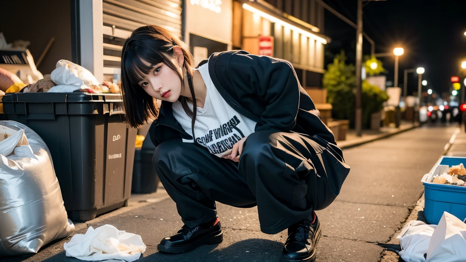 (((Crouching down and looking at me))),(((Perfect Fingers))),18-year-old,Korean women,Downtown trash dump,(((Facing forward))),(((Frowning,カメラをGlaring))),(Very fine eye), (((Wearing a black hoodie,Wearing baggy pants))),((photograph)),((Woman in downtown)),(((Fabric Shading))), (((highest quality))), (((masterpiece))) strong girl, ((((Realistic)))), I have a card,Black Hair, chic hairstyle, ((With bangs,Straight medium bob cut, nice hair)), Light makeup,Red eyes, (((I&#39;m not wearing lipstick))), (nice, strong), Strong night atmosphere,  Centered Images, Focus on the camera, Elegant colors,Realistic Skin,Realistic texture,８k,whole body,Pale skin, (((Dirty garbage dump))),A huge amount of trash,Red iris,Expressionless,Glaring,Perfect Face,(((Big eyes))),She is wearing wide black pants,Mouth closed, portrait of aespaのウィンター,She is wearing black streetwear, Woman in black streetwear, 黒いハイテクな服を着た女性のphotograph, Girl wearing black hoodie, Cyberpunk Streetwear, Cyberpunk Streetwear street fashion e-girl,