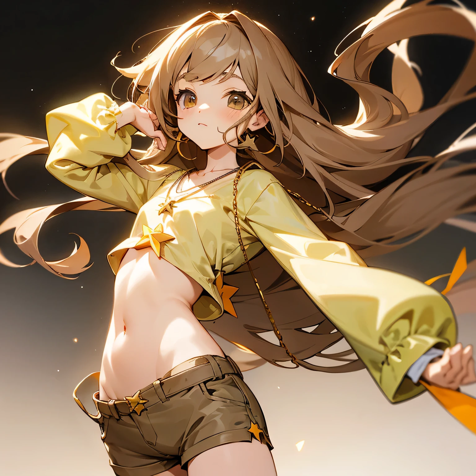 long hair,cute,Long bangs,color is、Light brown hair color,Slim shorts,Thin clothing that exposes the midsection,Clothing long enough to cover the hands,small chain necklace,small star,Cute design