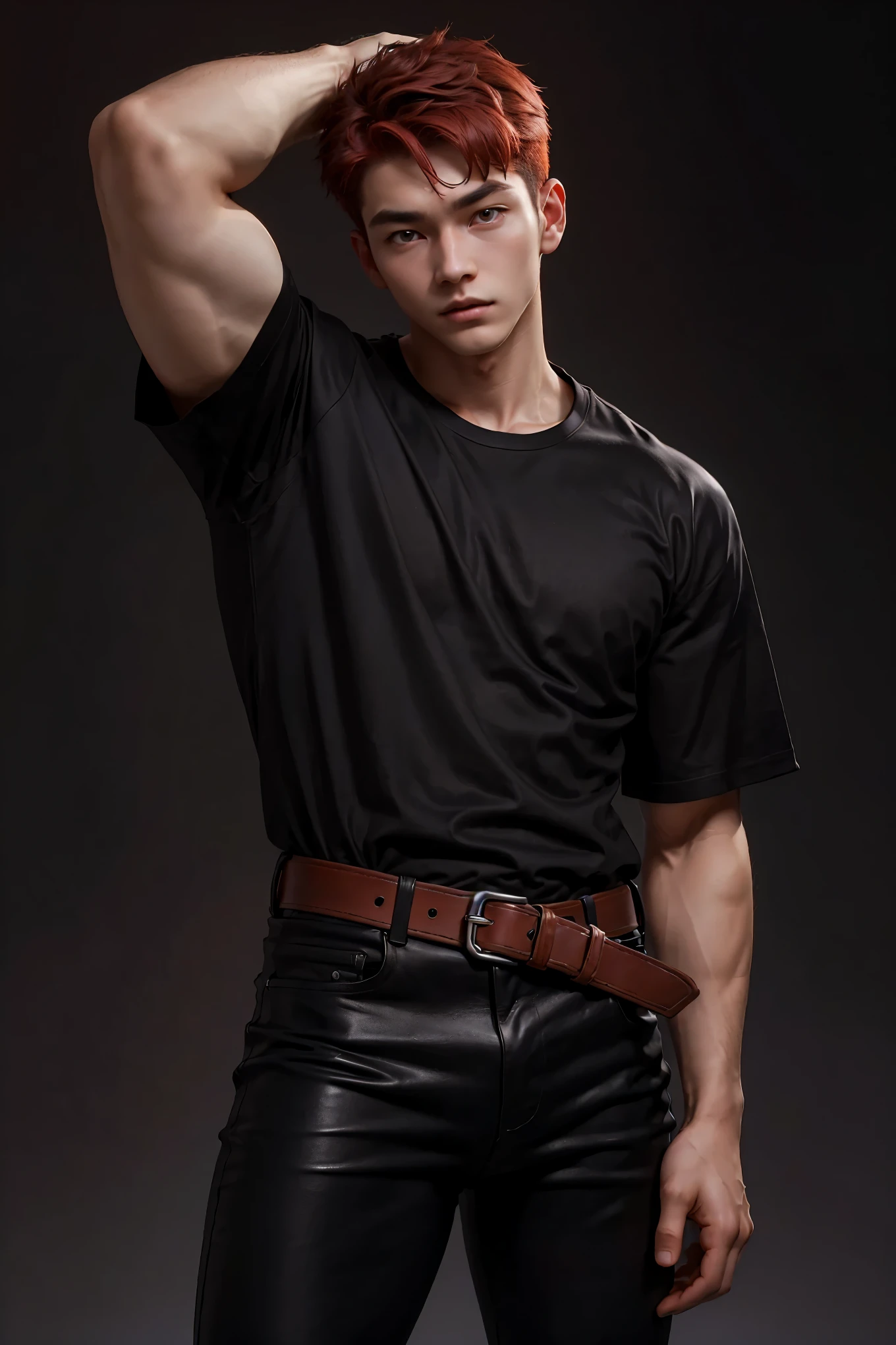 Masterpiece, Best Quality, Solo, Korean Men WITH big mascular, studio simple background, Natural eyes, Short and delicate red hair, Sexy Man, looking up at the viewer,black COTTON T-shirt,black leather pants with belt, Small plots, Standing, Muscular posture,