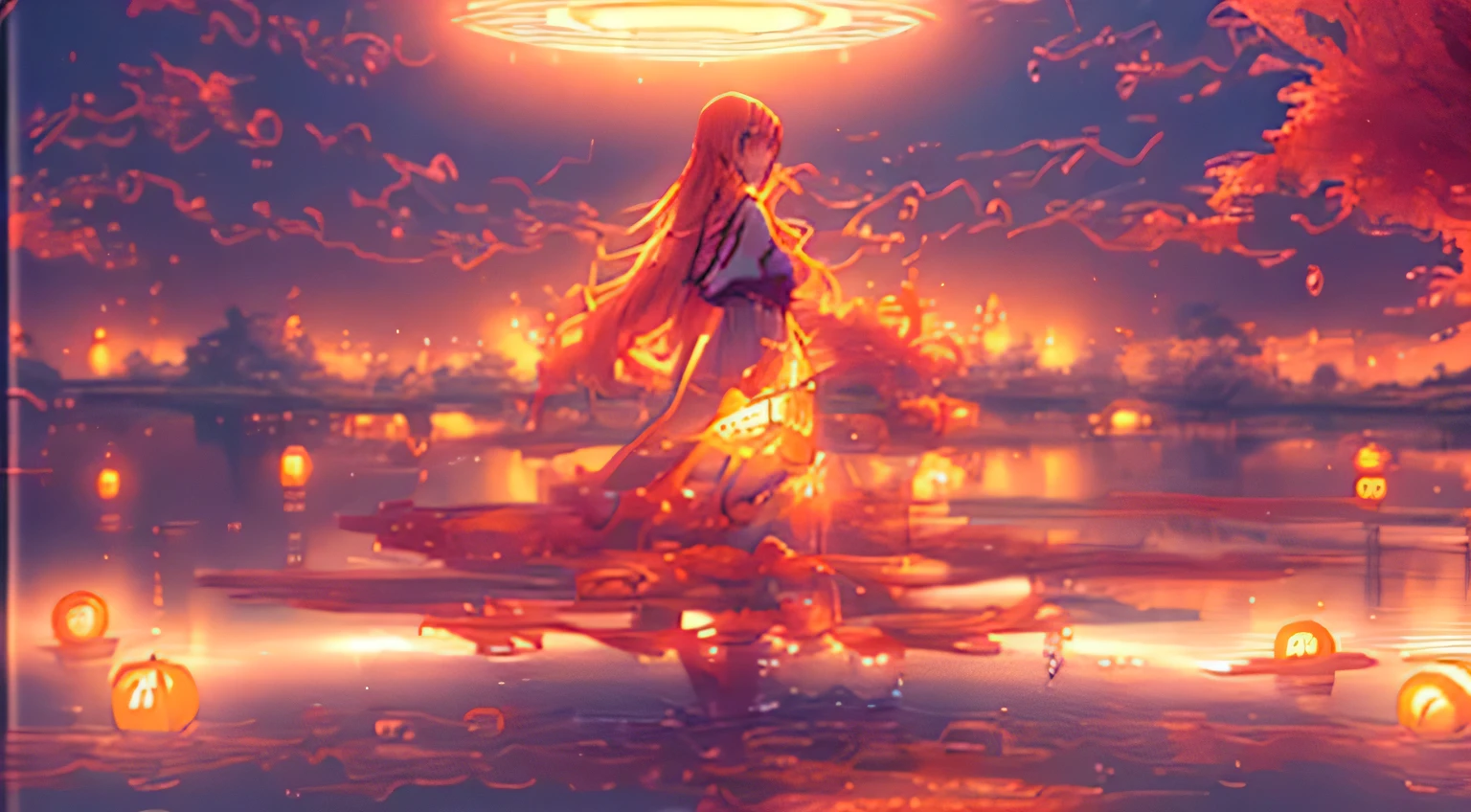 Anime girl in a long dress standing in water with a floating lantern, Anime girl walking on water, makoto shinkai cyril rolando, anime art wallpaper 4k, anime art wallpaper 4k, anime art wallpaper 8k, 4k anime wallpaper, Anime Style 4k, anime wallpaper 4k, anime wallpaper 4k, Beautiful anime scene, Beautiful anime artwork