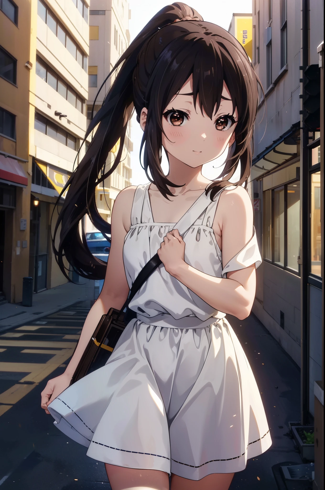 azusanakano, Azusa Nakano, Black Hair, (Brown eyes:1.5), Long Hair, smile,blush,ponytail,Short braided hair,yellow headband ,Long skirt integrated dress,Bare neck,bare clavicle,Bare shoulders,Cute Sandals,Daytime,Clear skies、
break indoors, In town,Building district,City Street,
break looking at viewer, (Cowboy Shot:1.5),
break (masterpiece:1.2), highest quality, High resolution, unity 8k wallpaper, (figure:0.8), (Beautiful fine details:1.6), Highly detailed face, Perfect lighting, Highly detailed CG, (Perfect hands, Perfect Anatomy),