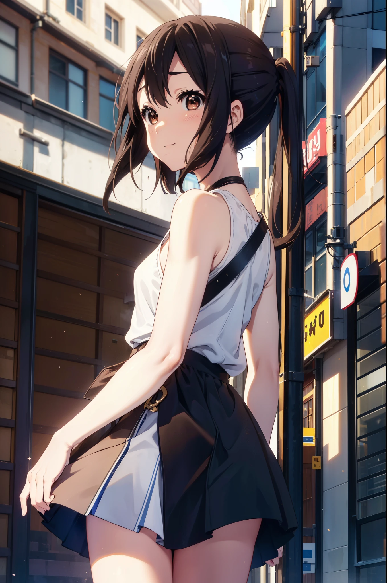 azusanakano, Azusa Nakano, Black Hair, (Brown eyes:1.5), Long Hair, smile,blush,ponytail,Short braided hair,yellow headband ,Long skirt integrated dress,Bare neck,bare clavicle,Bare shoulders,Cute Sandals,Daytime,Clear skies、
break indoors, In town,Building district,City Street,
break looking at viewer, (Cowboy Shot:1.5),
break (masterpiece:1.2), highest quality, High resolution, unity 8k wallpaper, (figure:0.8), (Beautiful fine details:1.6), Highly detailed face, Perfect lighting, Highly detailed CG, (Perfect hands, Perfect Anatomy),