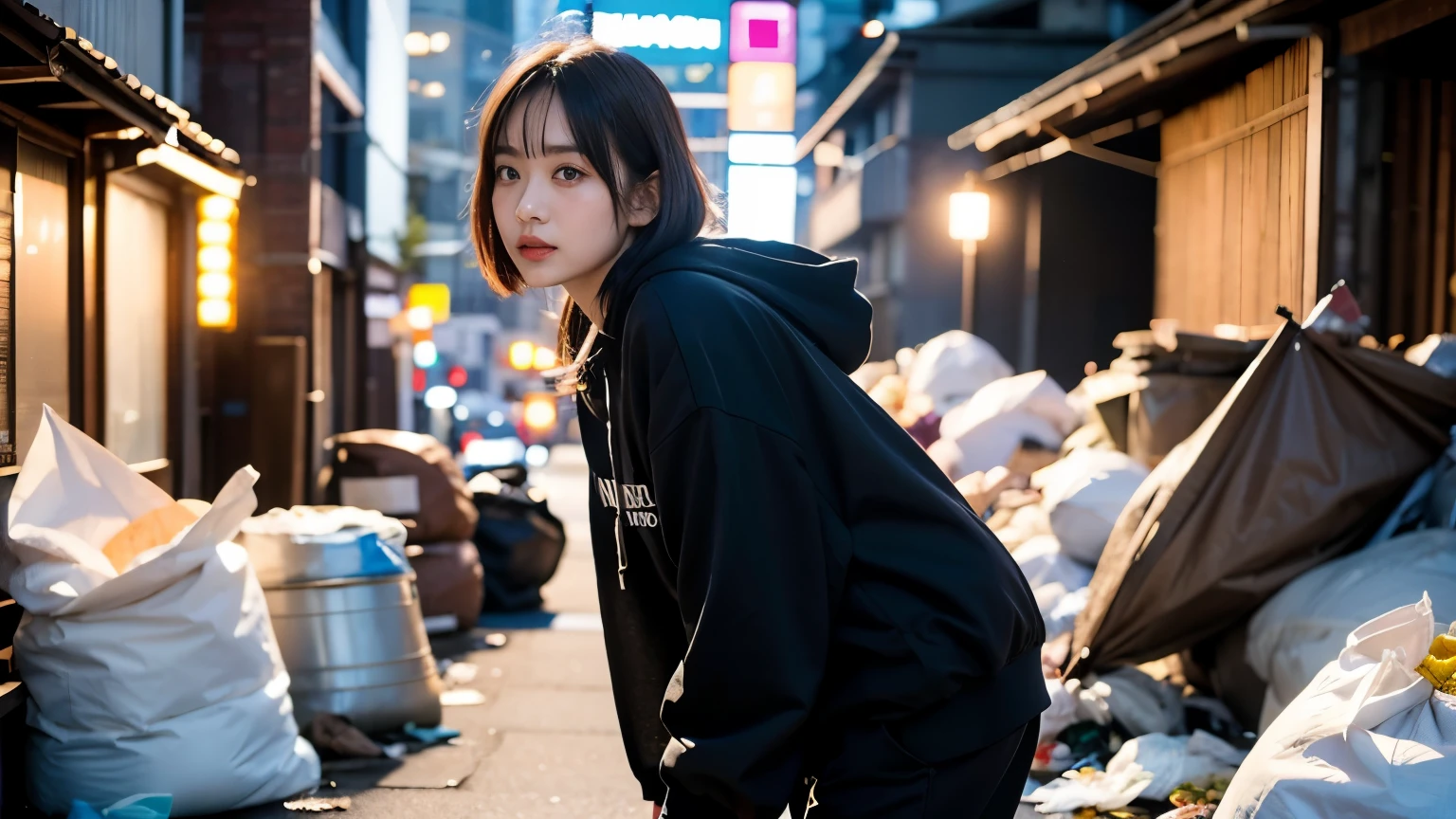 (((street dancer,Looking at this))),(((Perfect Fingers))),18-year-old,Korean women,Downtown trash dump,(((Facing forward))),(((Frowning,カメラをGlaring))),(Very fine eye), (((Wearing a black hoodie,Wearing baggy pants))),((photograph)),((Woman in downtown)),(((Fabric Shading))), (((highest quality))), (((masterpiece))) strong girl, ((((Realistic)))), I have a card,Black Hair, chic hairstyle, ((With bangs,Straight medium bob cut, nice hair)), Light makeup,Red eyes, (((I&#39;m not wearing lipstick))), (nice, strong), Strong night atmosphere,  Centered Images, Focus on the camera, Elegant colors,Realistic Skin,Realistic texture,８k,whole body,Pale skin, (((Dirty garbage dump))),A huge amount of trash,Red iris,Expressionless,Glaring,Perfect Face,(((Big eyes))),She is wearing wide black pants,Mouth closed, portrait of aespaのウィンター,She is wearing black streetwear, Woman in black streetwear, 黒いハイテクな服を着た女性のphotograph, Girl wearing black hoodie, Cyberpunk Streetwear, Cyberpunk Streetwear street fashion e-girl,