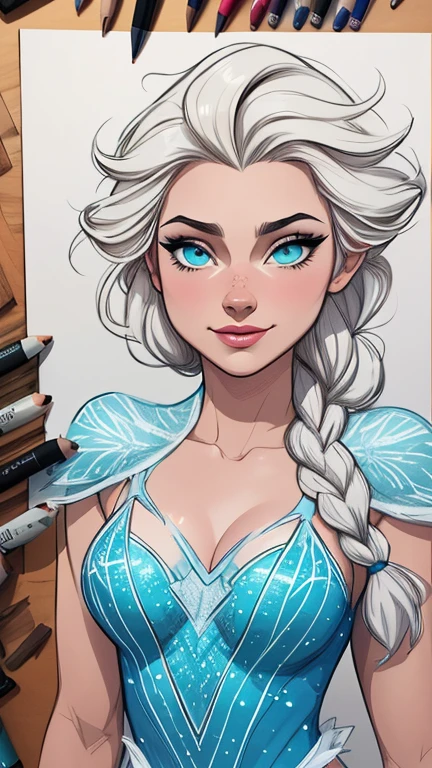 Personagem mulher Elsa de Arendelle com marcas de guerras Imagem de desenho animado de uma mulher .Ilustra??o estilo desenho animado, estilo de arte dos desenhos animados, estilo de arte dos desenhos animados, digital illustration style, design de personagens altamente detalhado, arte digital detalhada coragem, Forest fan art, Design de personagens de retrato, beautiful digital illustration, retrato de alta qualidade, Arte em quadrinhos, mulher jovem cabelo com transas lindas . Beautiful lined eyes Medium large bust and wonderful sexy clothes. image expression of sexual desire from waist to head illustration Elsa of Arendelle