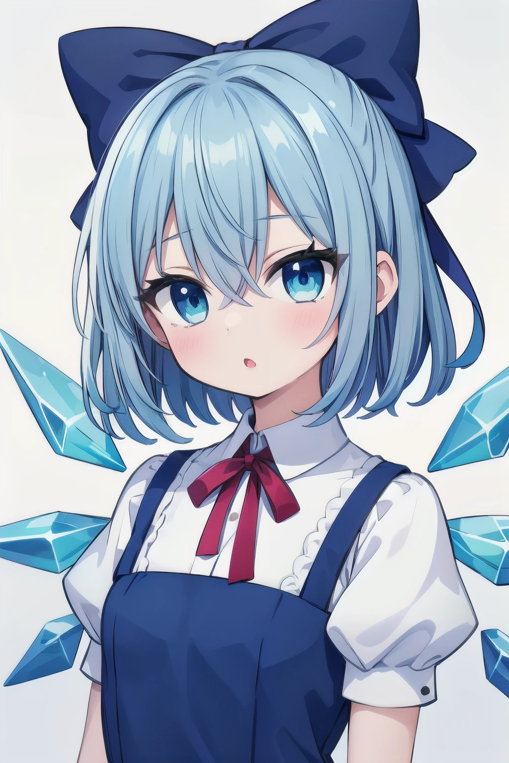 masterpiece, top quality, super detailed, CG illustration, high resolution, better lighting, best shadows, very delicate and beautiful, proper shading, hd, 8k,cirno, 1girl, solo, looking at viewer, short hair, bangs, blue eyes, simple background, shirt, dress, bow, ribbon, hair between eyes, blue hair, white shirt, short sleeves, hair bow, frills, parted lips, wings, puffy sleeves, :o, red ribbon, puffy short sleeves, neck ribbon, blue dress, blue background, blue bow, ice, ice wings