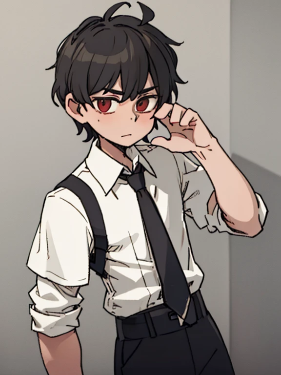 A young man with short, messy hair wearing a white shirt, black trousers, and a red tie stood sideways and tied his tie.