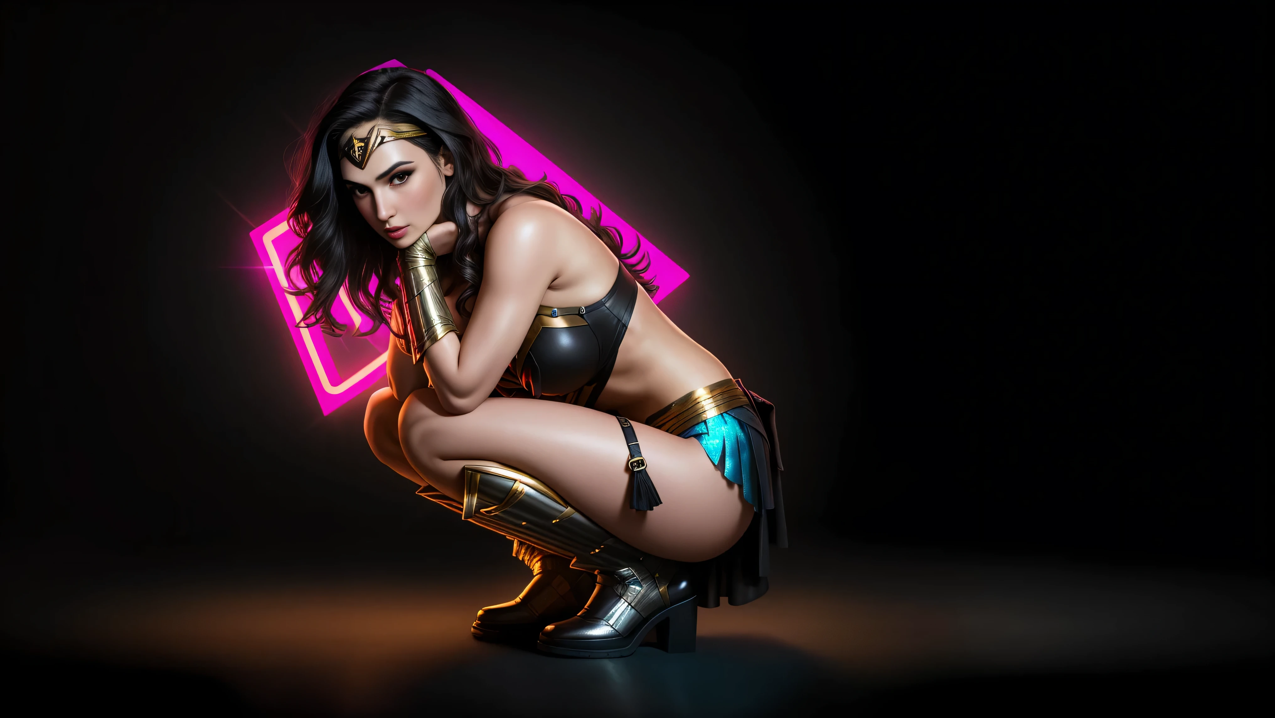 there  IS GAL GADOT AS WONDER WOMAN squatting, long hair, 3 d neon art of a womans body, neon-noir background, cyberpunk femme fatale, seductive cyberpunk dark fantasy, cyberpunk strip clubs, cyberpunk 20 y. o model girl, oppai cyberpunk, banner, high definition cgsociety, cgsociety masterpiece, trending on cgstation, kda, random hair, looking at camera, gigantic breasts, cleavage, (high detailed skin:1.2), 8k uhd, dslr, super lighting, high quality, film grain, high res, highly detailed, hyper realistic, beautiful face, beautiful body, beautiful eyes nose lips, alluring expression, very bold, upper  visible, full body photo, standing legs apart, pale translucent glowing skin, most beautiful face, cute, (well defined pubic hair:1.2)), (dark plain black background:1.4))