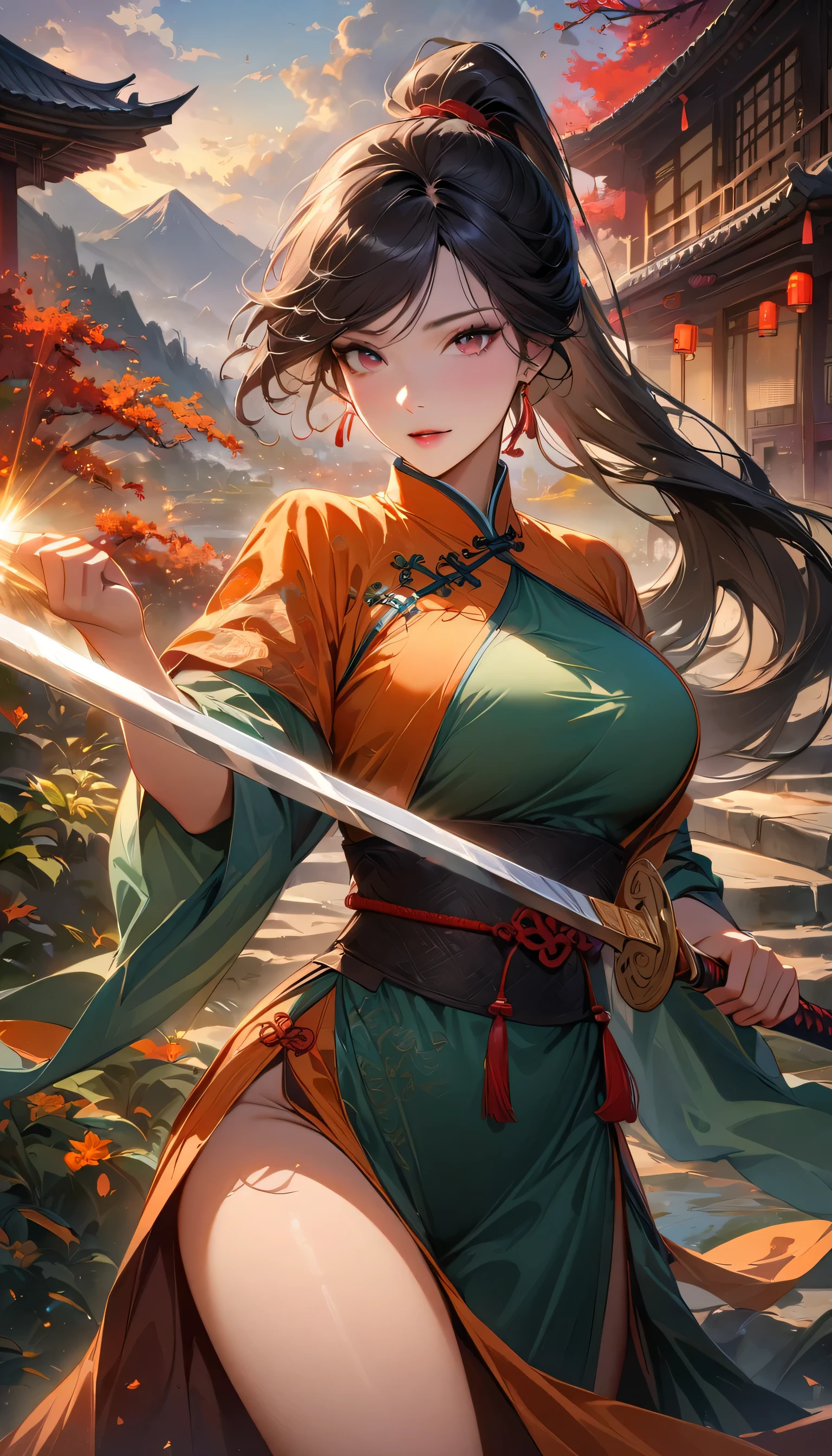 (best quality,4k,8k,highres,masterpiece:1.2),ultra-detailed,realistic,physically-based rendering,professional,vivid colors,bokeh,portrait,landscape,studio lighting,HDR,UHD,sharp focus  
A Chinese female swordswoman(China:1.1,Chinese:1.1,female:1.1) is practicing her chopping(Chop) skills. She is holding a silver(silver) sword with a slender(slim) and sharp blade. Her eyes are focused and determined, with a keen(keen) look in them. She has long, flowing(Supple) black hair, neatly tied up in a high ponytail(Ponytail) to keep it out of her way.  
As she swings the sword, her red(red) traditional Chinese dress(Traditional Chinese clothing) flows gracefully(Gracefully), accentuating her movements. The dress is adorned with intricate(Complicated) golden(gold) embroidery(embroidered), showcasing the richness of Chinese culture. The fabric is made of silk(silk), giving it a luxurious(luxury) and soft texture.  
Surrounding her are lush(Lush big breasts) green(green) mountains(Mountains), Old Chinese architecture, with misty(Foggy) clouds(cloud) draped(Hollow) over their peaks. The landscape is dotted with cherry blossom trees(Cherry tree), their delicate(Exquisite) Pin color) flowers(Flowers) adding a burst of color to the scene. A gentle breeze(breeze) rustles through the leaves, creating a serene(peaceful) atmosphere.  
The lighting is warm and golden, casting soft shadows(shadow) on the ground. The sun is beginning to set, casting a beautiful(beautiful) orange(orange color) glow(Radiance) across the sky. The warm hues(tone) highlight the vibrancy of the surroundings, adding depth and dimension to the overall composition.