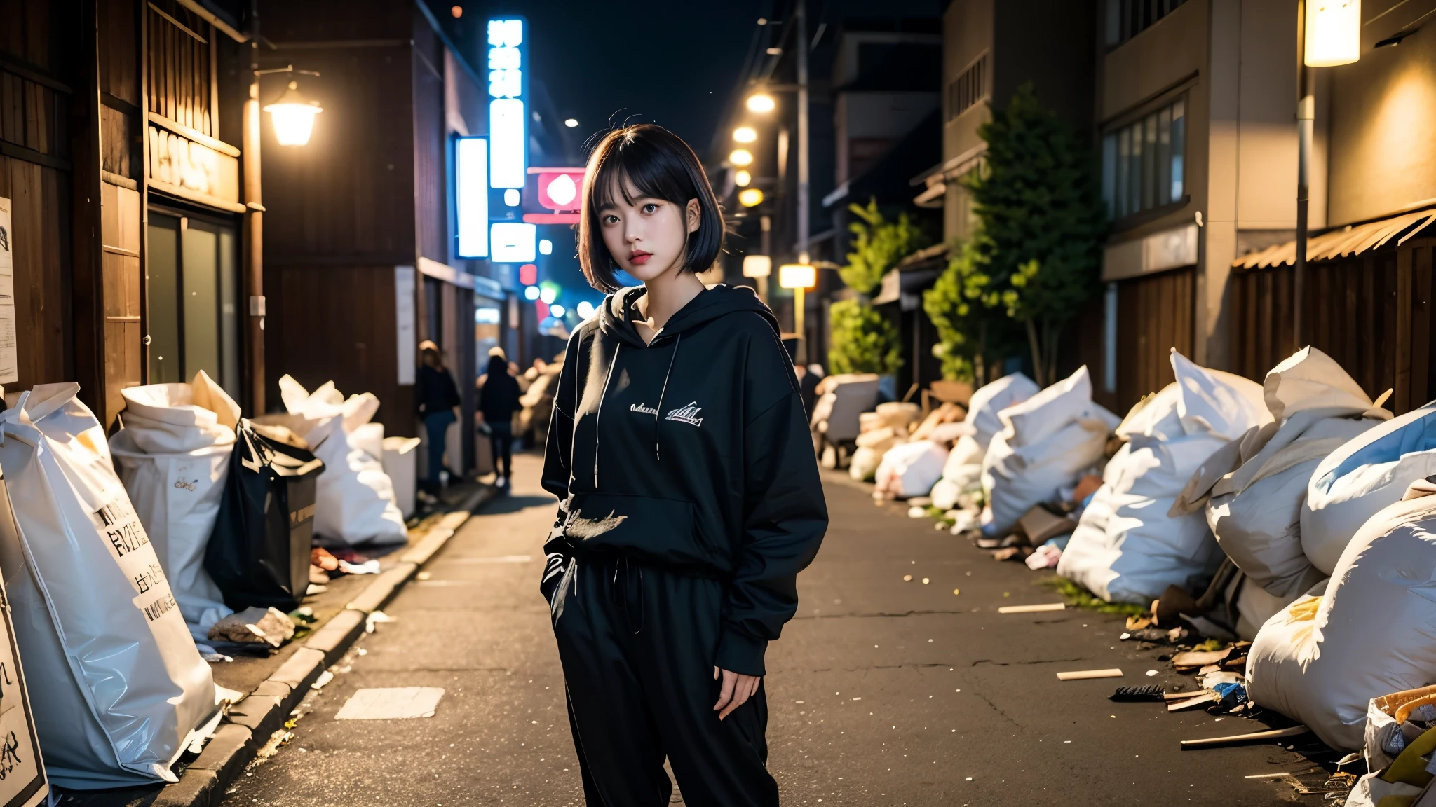 (((street dancer,Looking at this))),(((Perfect Fingers))),18-year-old,Korean women,Downtown trash dump,(((Facing forward))),(((Frowning,カメラをGlaring))),(Very fine eye), (((Wearing a black hoodie,Wearing baggy pants))),((photograph)),((Woman in downtown)),(((Fabric Shading))), (((highest quality))), (((masterpiece))) strong girl, ((((Realistic)))), I have a card,Black Hair, chic hairstyle, ((With bangs,Straight medium bob cut, nice hair)), Light makeup,Red eyes, (((I&#39;m not wearing lipstick))), (nice, strong), Strong night atmosphere,  Centered Images, Focus on the camera, Elegant colors,Realistic Skin,Realistic texture,８k,whole body,Pale skin, (((Dirty garbage dump))),A huge amount of trash,Red iris,Expressionless,Glaring,Perfect Face,(((Big eyes))),She is wearing wide black pants,Mouth closed, portrait of aespaのウィンター,She is wearing black streetwear, Woman in black streetwear, 黒いハイテクな服を着た女性のphotograph, Girl wearing black hoodie, Cyberpunk Streetwear, Cyberpunk Streetwear street fashion e-girl,