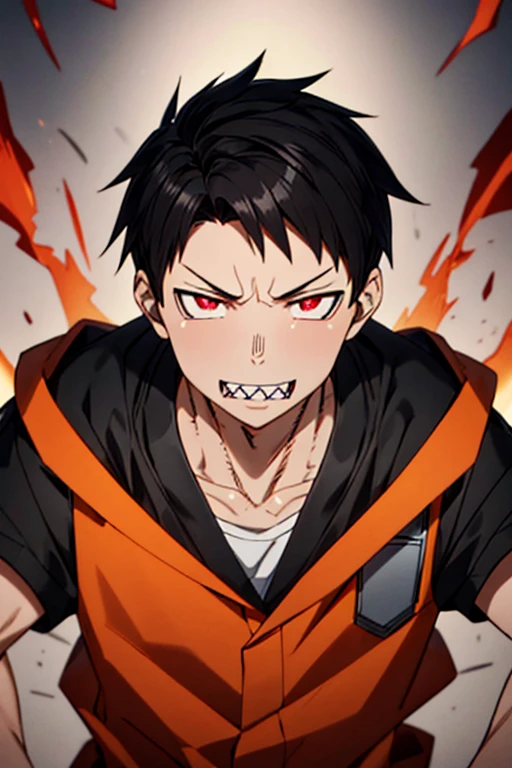 1boy,kusakabe_shinra,black hair,short hair,red eyes,sharp teeth,smile,(orange suit),looking at viewer,clothes on fire,closeup,upper body,masterpiece,extremely detailed CG unity 8k wallpaper, best quality,32k,focus sharp, 