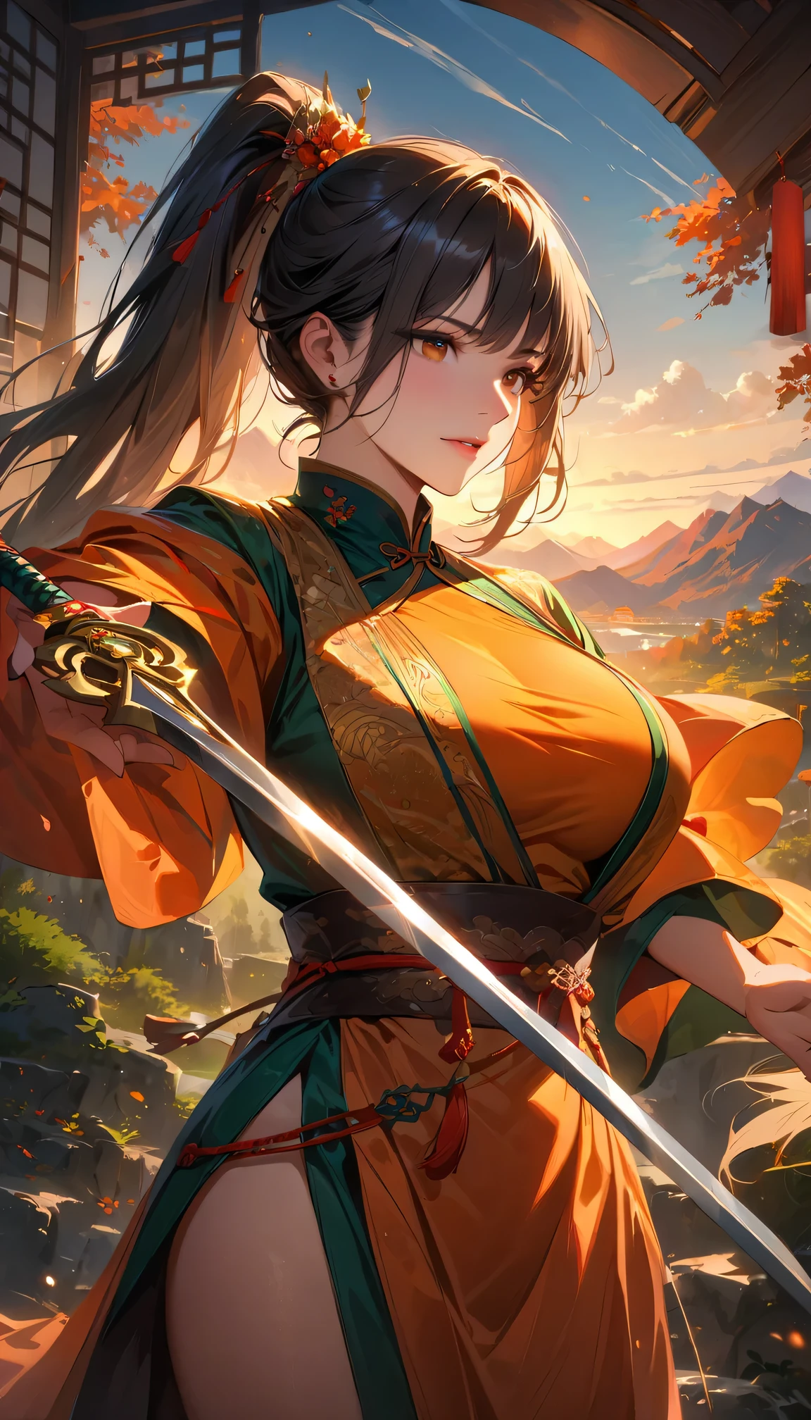 (best quality,4k,8k,highres,masterpiece:1.2),ultra-detailed,realistic,physically-based rendering,professional,vivid colors,bokeh,portrait,landscape,studio lighting,HDR,UHD,sharp focus  
A Chinese female swordswoman(China:1.1,Chinese:1.1,female:1.1) is practicing her chopping(Chop) skills. She is holding a silver(silver) sword with a slender(slim) and sharp blade. Her eyes are focused and determined, with a keen(keen) look in them. She has long, flowing(Supple) black hair, neatly tied up in a high ponytail(Ponytail) to keep it out of her way.  
As she swings the sword, her red(red) traditional Chinese dress(Traditional Chinese clothing) flows gracefully(Gracefully), accentuating her movements. The dress is adorned with intricate(Complicated) golden(gold) embroidery(embroidered), showcasing the richness of Chinese culture. The fabric is made of silk(silk), giving it a luxurious(luxury) and soft texture.  
Surrounding her are lush(Lush big breasts) green(green) mountains(Mountains), with misty(Foggy) clouds(cloud) draped(Hollow) over their peaks. The landscape is dotted with cherry blossom trees(Cherry tree), their delicate(Exquisite) Pin color) flowers(Flowers) adding a burst of color to the scene. A gentle breeze(breeze) rustles through the leaves, creating a serene(peaceful) atmosphere.  
The lighting is warm and golden, casting soft shadows(shadow) on the ground. The sun is beginning to set, casting a beautiful(beautiful) orange(orange color) glow(Radiance) across the sky. The warm hues(tone) highlight the vibrancy of the surroundings, adding depth and dimension to the overall composition.