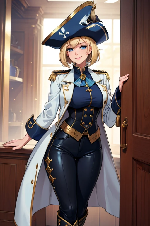 female, gold short hair with white highlights, blue eyes, (((1girl))), (((blue privateer coat with gold accents))), (white blouse), (black vest), (black privateer boots), (white pants), (red tricorn hat with gold trim), cute and sexy, large breasts, large butt, full body, long legs, smiling