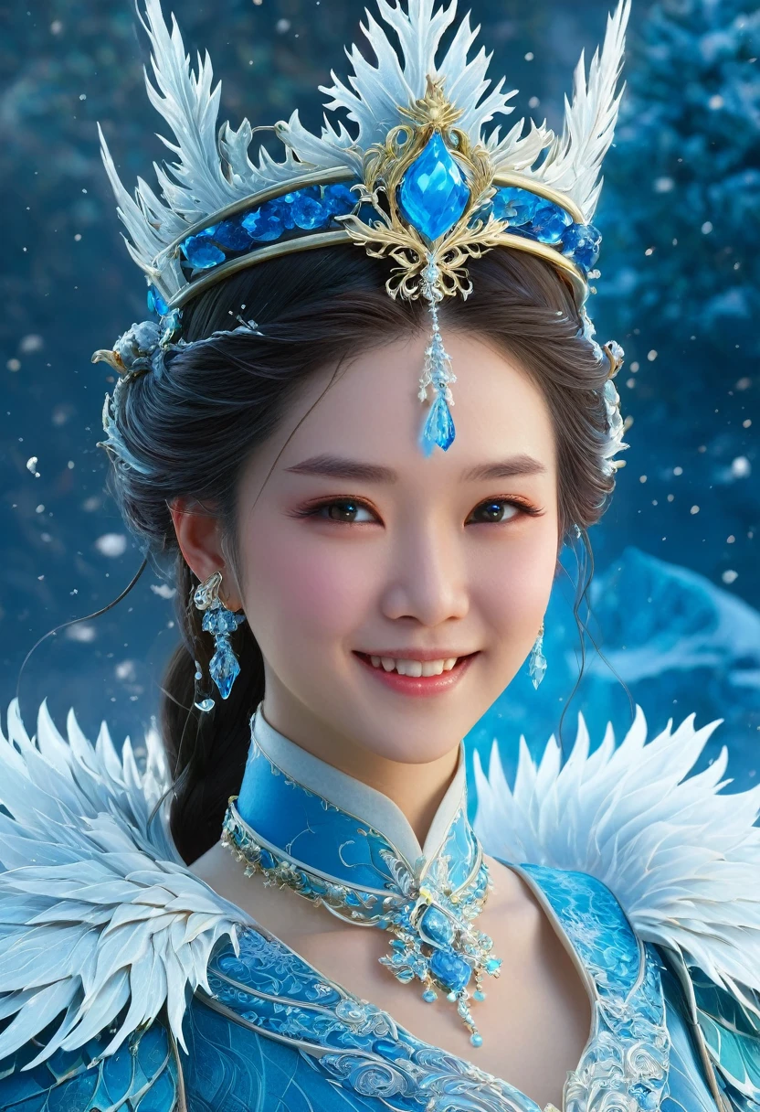 神话wind格,3D close-up of young beautiful noblewoman - front view portrait with crown,Charming smile。Beautiful and intricate headpiece, Frost Dragon,biology發光, plasma, Cold, water, wind, biology,one person,mystery