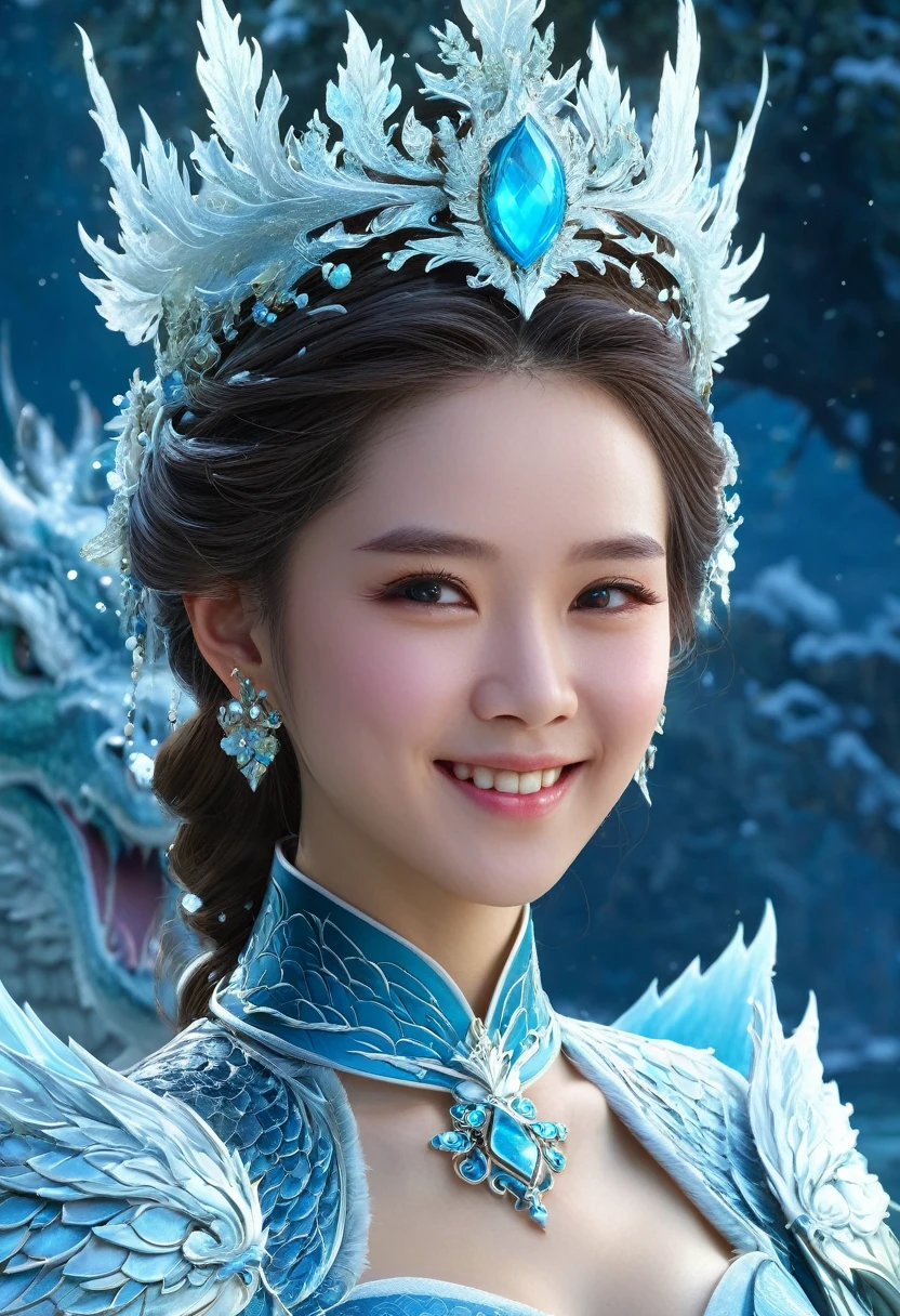 神话wind格，3D close-up of young beautiful noblewoman - front view portrait with crown，Charming smile。Beautiful and intricate headpiece, Frost Dragon，biology發光， plasma， Cold， water， wind， biology，one person，mystery