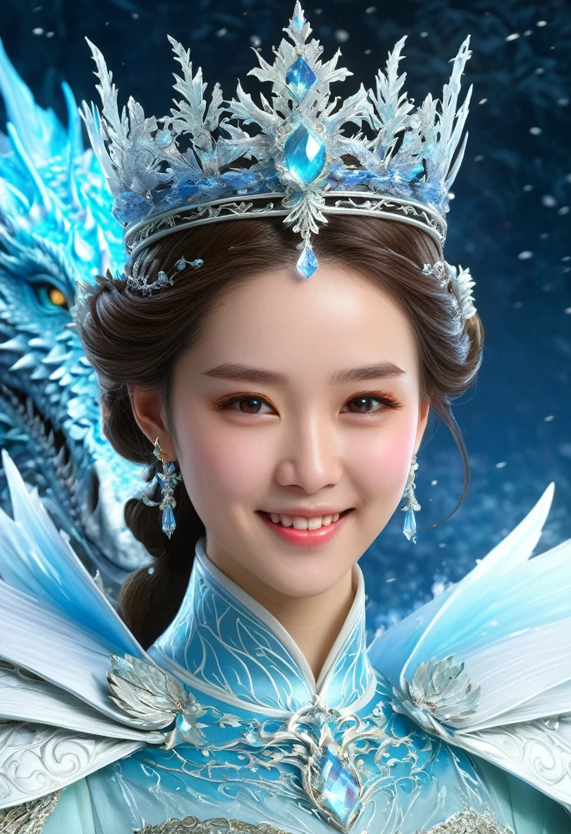 神话wind格,3D close-up of young beautiful noblewoman - front view portrait with crown,Charming smile。Beautiful and intricate headpiece, Frost Dragon,biology發光, plasma, Cold, water, wind, biology,one person,mystery