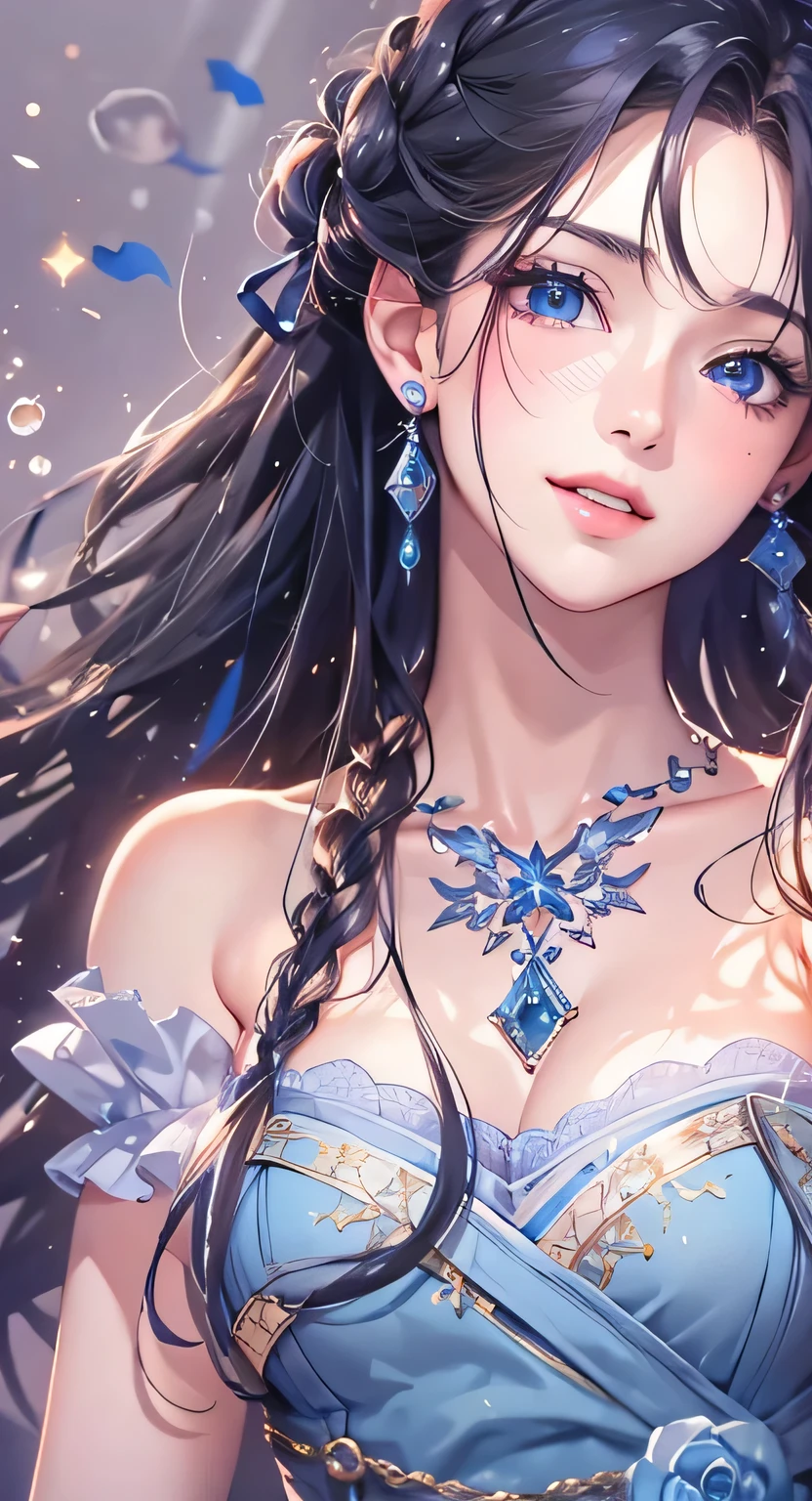 ((highest quality)), ((masterpiece)), (Get used to it), Perfect Face , masterpiece、highest quality、High resolution、High-quality images、8k, 1 female、Skin Radiance、Texture of skin and clothing、Expression of fine eyes、Shiny black hair,Girl with long braided hair, Manga inspired by Lee Jong-suk, Trending on deviantart, realism, detailed manga style, Manga art style, Perfect Line Drawing, Beautiful line art, digital manga art girl, K-POPアイドル, Beautiful Blue Eyes, Lips become thicker, Gorgeous face with attention to detail, (Cute Smile), charm, Innocent, Side view, (Perfectly detailed face), (Beautiful Hands) Photorealistic images, Written boundary depth, 20th Generation ,beautiful girl , Blue rose , Lace dress , Medium Chest , protruding shoulders , I can see her cleavage , Blue rose , There are many blue roses in the background ,