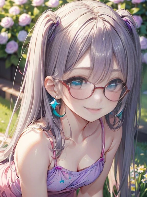 小さなgirl、The arrival of spring、Thick thighs、 (alone:1.5,)Very detailed,Bright colors, Very beautiful detailed anime faces and eyes, Look straight ahead, ;d, Shiny_skin,girl, ((Silver long hair,The inner color is red 、Forehead is exposed.、Green Eyes、Glasses、Shiny hair, Delicate beautiful face, blush、(Turquoise Eyes), White skin, Valletta, Earrings,、blue flower field、(((Star pattern pink、camisole、Purple Bloomer)))、Twin tails、smile、smile、Face dyed red