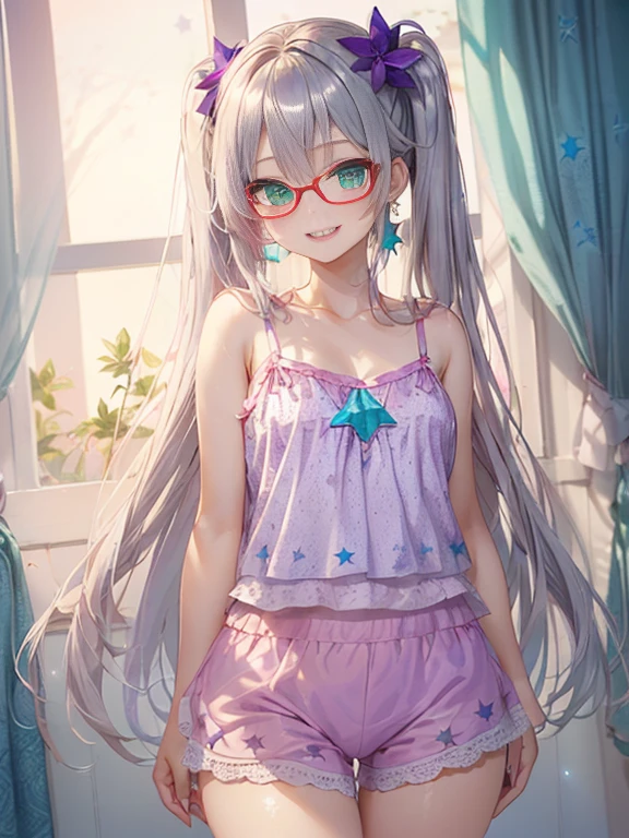 小さなgirl、The arrival of spring、Thick thighs、 (alone:1.5,)Very detailed,Bright colors, Very beautiful detailed anime faces and eyes, Look straight ahead, ;d, Shiny_skin,girl, ((Silver long hair,The inner color is red 、Forehead is exposed.、Green Eyes、Glasses、Shiny hair, Delicate beautiful face, blush、(Turquoise Eyes), White skin, Valletta, Earrings,、blue flower field、(((Star pattern pink、camisole、Purple Bloomer)))、Twin tails、smile、smile、Face dyed red