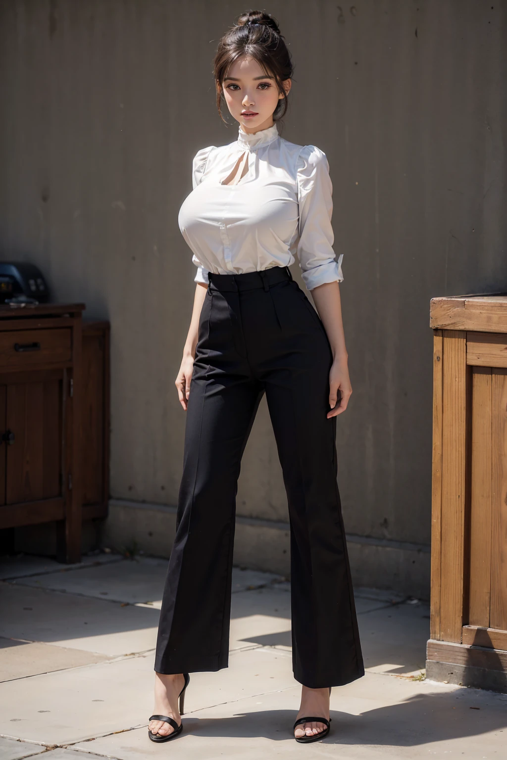 (((full image:1.5, full body, standing:1.8, facing viewer, the front body facing directly to the front of camera, show body from head to toe))), round huge breast, huge breast:1.5, tall body, fit body, pale skin, short hair with updo, ((standing)), a woman wearing blouse, wearing trousers, wearing (closed toes) heels. High quality:1.3, Professional lighting:2.0 realistic:1.2, 4k resolution, detailed skin, finely detail, masterpiece:1.1, centered image.