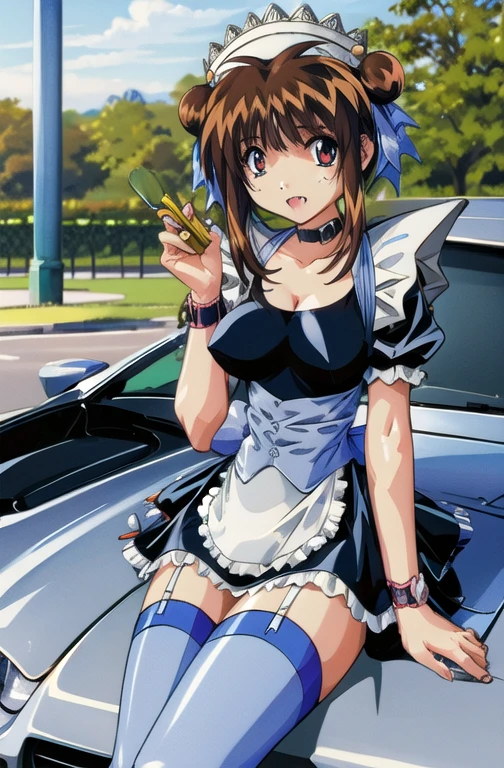 (masterpiece, best quality, detailed), 1girl, solo, looking at viewer, nanakn, 1990s (style), retro artstyle, hair ribbon, maid headdress, choker, maid dress, short sleeves, apron, wristwatch, garter straps, thighhighs, fang, outdoors, street, holding car key, sport car, sitting on car, on car, sitting