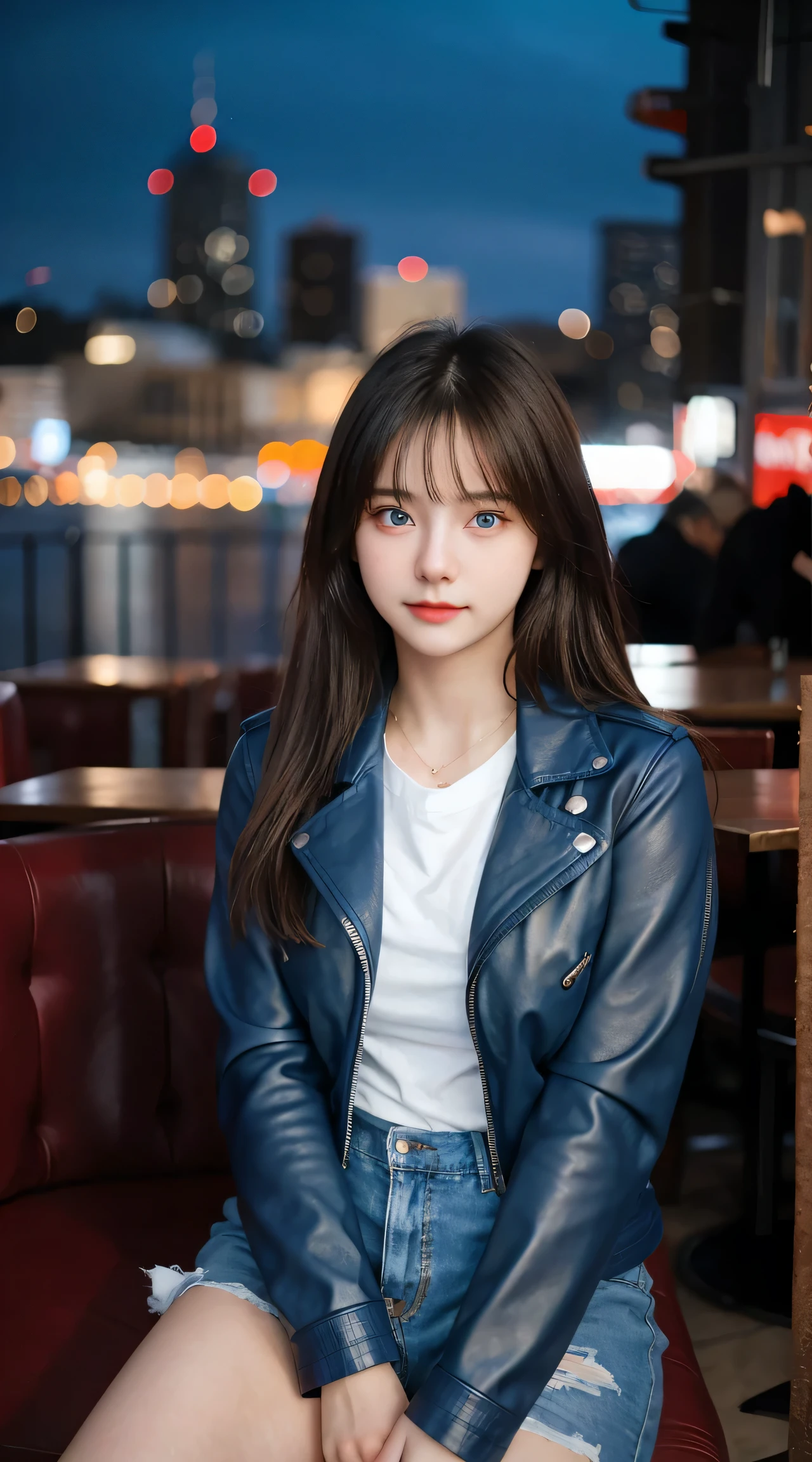 Gorgeus Girl, Beautiful, , 20 Years Old, White Skin, Beside, Sexy Pose, long red t-shirt, Blue Eye, Bokeh, city Background, Masterpiece, asking for a hug, full body Shot, open arms, Leather Jacket Long Sleeve Zipper, sitting inside the restaurant