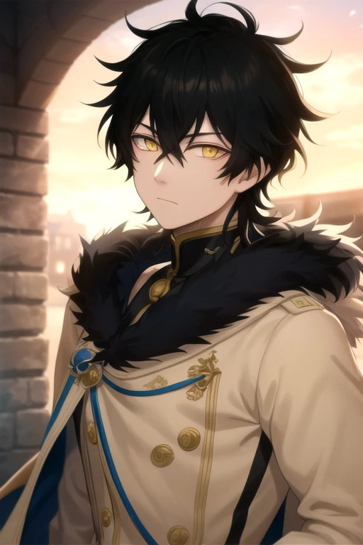 masterpiece, best quality, high quality, 1boy, solo, male focus, looking at viewer, upper body, yuno, black hair, yellow eyes, hair between eyes, fur trim,