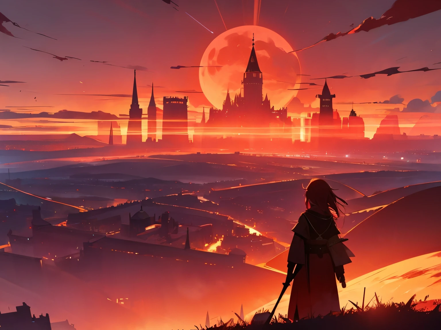 evening, radiant sky, dusk, moon, red sky, glowing sky, giant landscape scenery, angled, dynamic shot, intense scene, war, ruined area, rays of the sun, red glowing sky, insane scene, dystopian, monstrous land, insanity, fantasy, d&d, goddess in the sky, city, giant town, giant castle, kingdom, villages everywhere, giant overview fo the world, giant kingdom, big kingdom, big village, dark red sky, horror scape sky, maroon sky