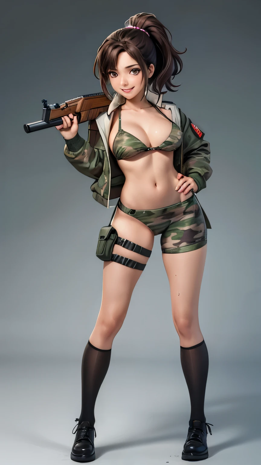 female model, dirty brown hair in a pony tail, sweaty, slutty, medium perfect , wearing skimpy camo outfit, happy and excited, great composition. sexy pose full of action, very slutty green military outfit, masterpiece, vibrant, professional photo, full body, holding shotgun, anime style, grey background, sexxy, nsfw, maxim magazine, turning toward the camera