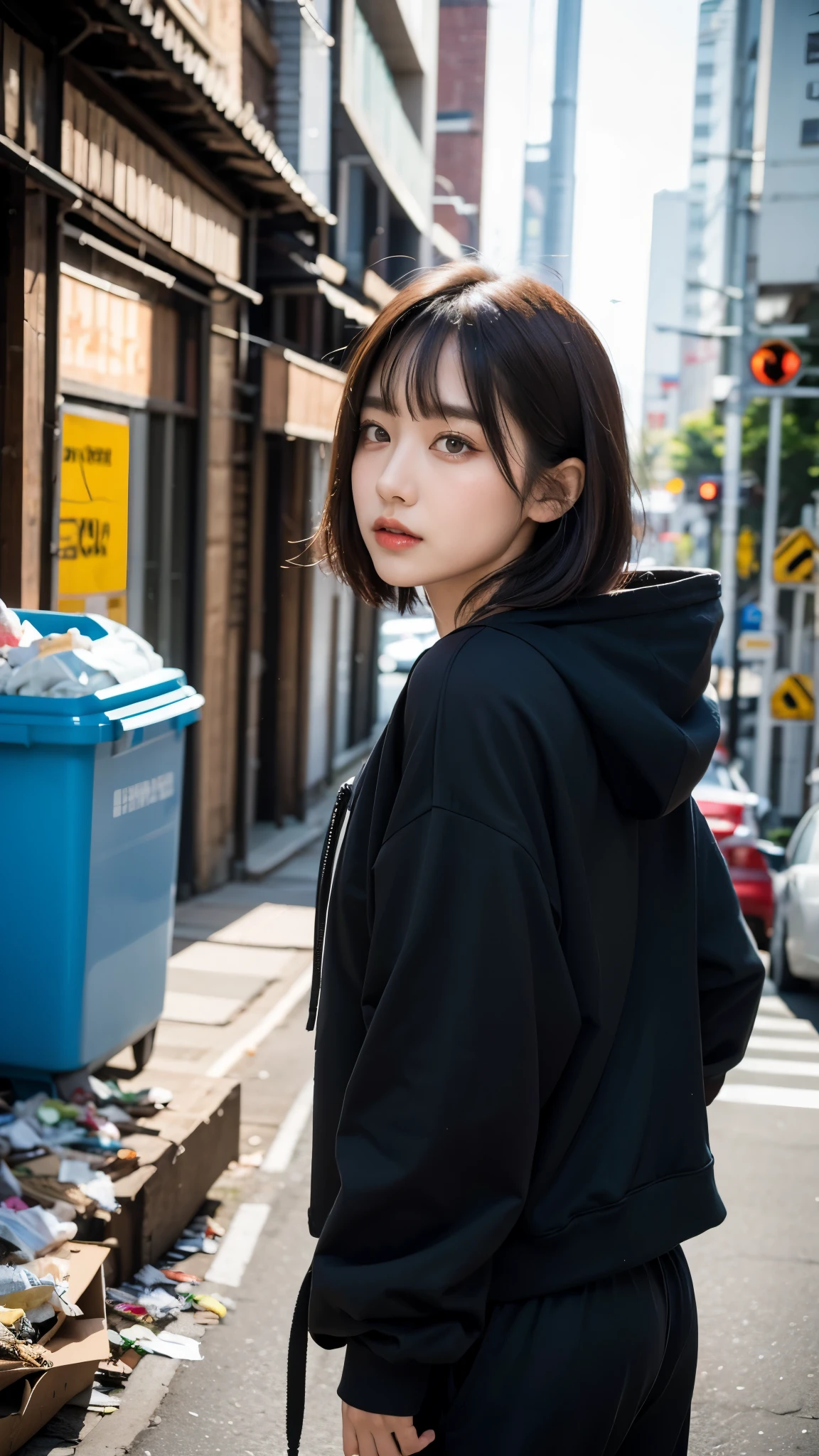 (((street dancer,Looking at this))),(((Perfect Fingers))),18-year-old,Korean women,Downtown trash dump,(((Facing forward))),(((Frowning,カメラをGlaring))),(Very fine eye), (((Wearing a black hoodie,Wearing baggy pants))),((photograph)),((Woman in downtown)),(((Fabric Shading))), (((highest quality))), (((masterpiece))) strong girl, ((((Realistic)))), I have a card,Black Hair, chic hairstyle, ((With bangs,Straight medium bob cut, nice hair)), Light makeup,Red eyes, (((I&#39;m not wearing lipstick))), (nice, strong), Strong night atmosphere,  Centered Images, Focus on the camera, Elegant colors,Realistic Skin,Realistic texture,８k,whole body,Pale skin, (((Dirty garbage dump))),A huge amount of trash,Red iris,Expressionless,Glaring,Perfect Face,(((Big eyes))),She is wearing wide black pants,Mouth closed, portrait of aespaのウィンター,She is wearing black streetwear, Woman in black streetwear, 黒いハイテクな服を着た女性のphotograph, Girl wearing black hoodie, Cyberpunk Streetwear, Cyberpunk Streetwear street fashion e-girl,