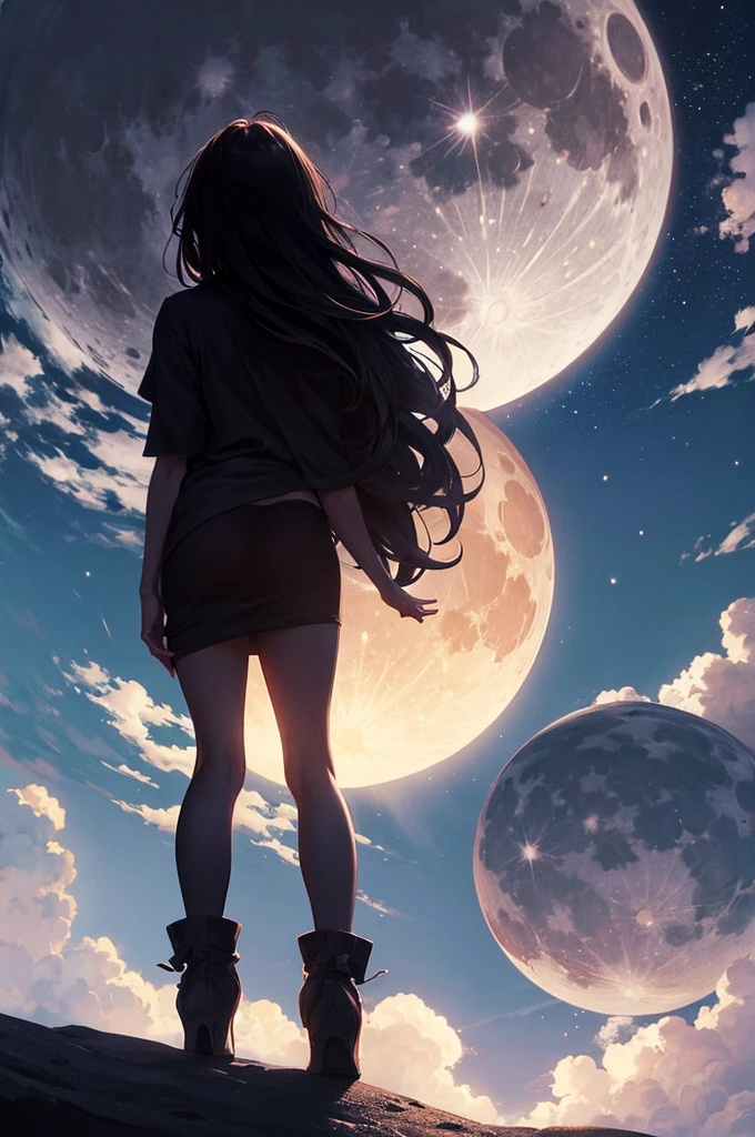 highest quality,Big moon and shadow,A silhouette of a person can be seen against the backdrop of a large moon.,There is one full moon,There is a mood,Beautiful scenery,Starry Sky