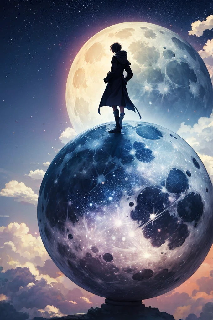highest quality,Big moon and shadow,A silhouette of a person can be seen against the backdrop of a large moon.,There is one full moon,There is a mood,Beautiful scenery,Starry Sky
