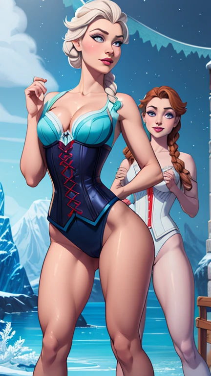 Beautiful character pose in dynamic pose two women together Queen Anna of Arendelle on the left and together with Elsa of Arendelle on the right with a symmetrical body with a corset and beautiful breasts, corpo bem definido, delicado e sensual, estilo de desenho animado, digital illustration