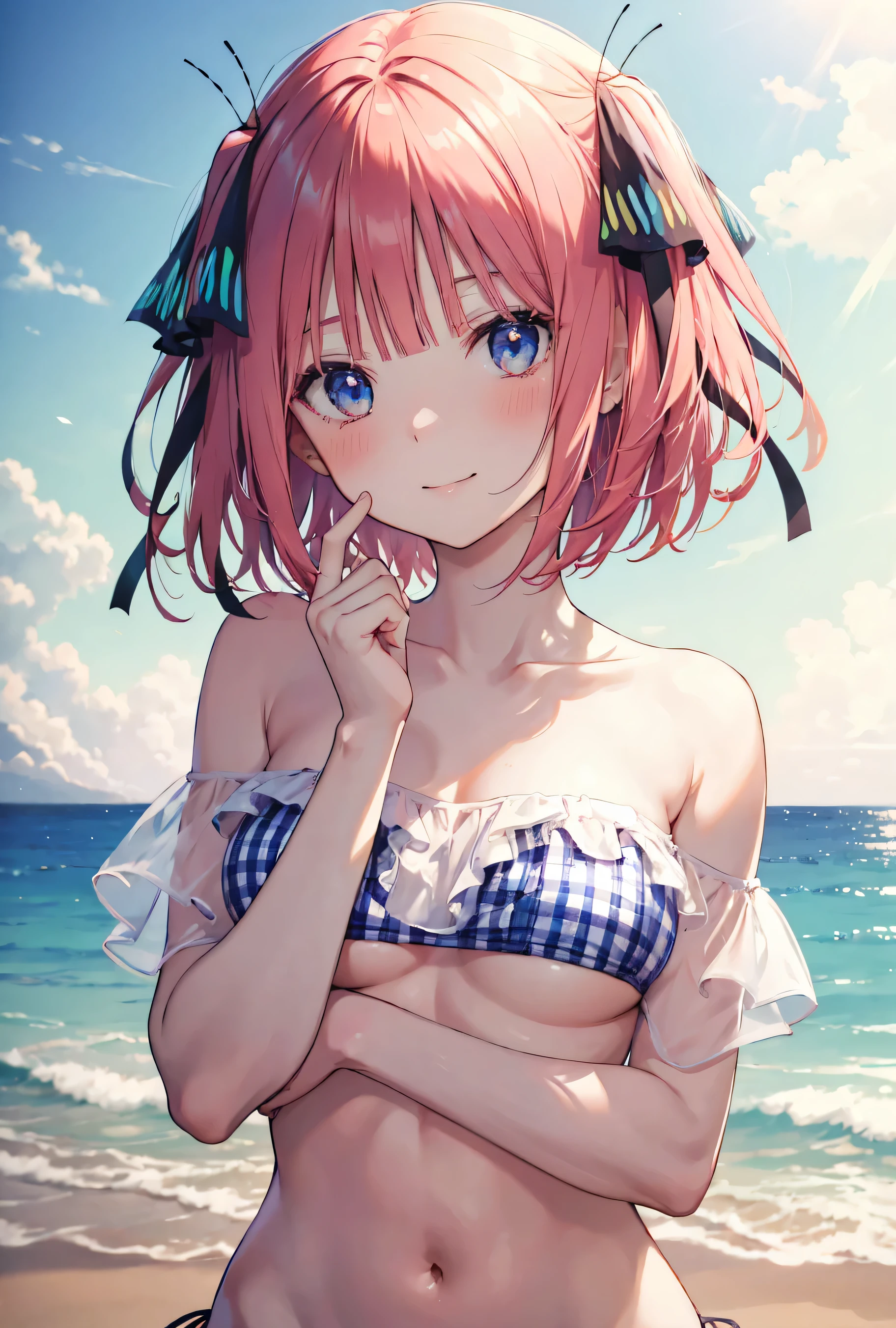 Nino Nakano is a character that appears in the anime "The Quintessential Quintuplets" 「The background is a beach at sunset.」The eyes of this character are blue. My hairstyle is a bob cut with pink color. This character is wearing a butterfly hair accessory. Please focus on this character. This character has a very lovely smile.high Quality. The character is wearing a bandeau bikini with a Gingham-print.. masterpiece,best quality,ultra detailed, My breast size is D cup.