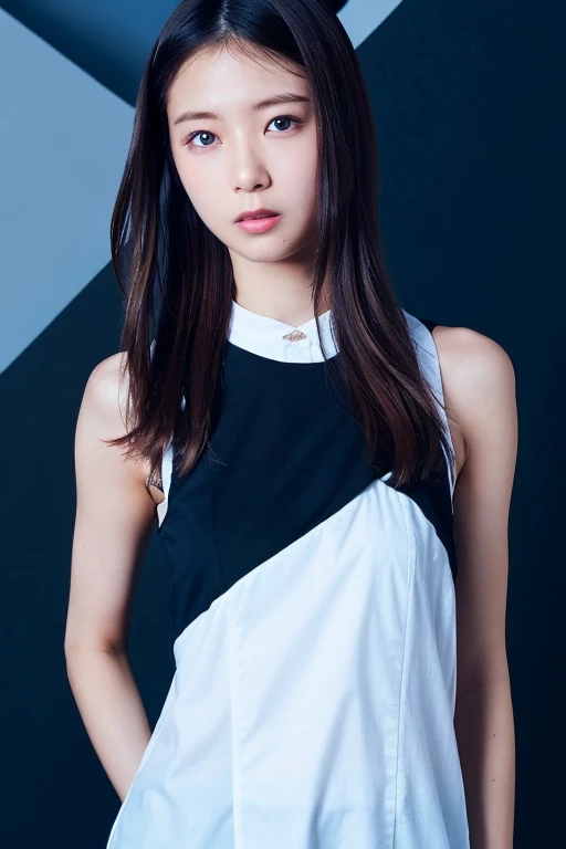 ((best quality)), ((masterpiece)), (detailed), perfect face, japanese beautiful young girl, brown hair, long hair, blue eyes, sexy, full body, profesional pose model, wear black  tank top