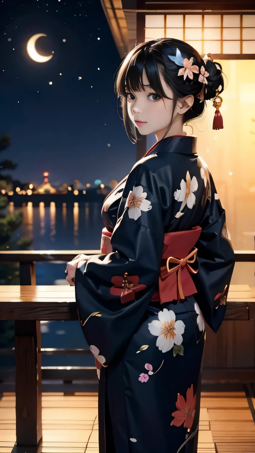 Full body,Looking back,♥(Japanese beautiful flower printed kimono,yukata),((1girl,cute,young,semi long beautiful black hair,blunt bangs,twin tales,beautiful eyes)),(solo),((masterpiece, highest resolution,best quality)), (beautiful illustration),(Japanese beautiful flower printed kimono,yukata),
 (looking at the viewer), innocent smile,cinematic lighting,Japanese Festival,stall,fireworks,night sky,full moon,shooting star,