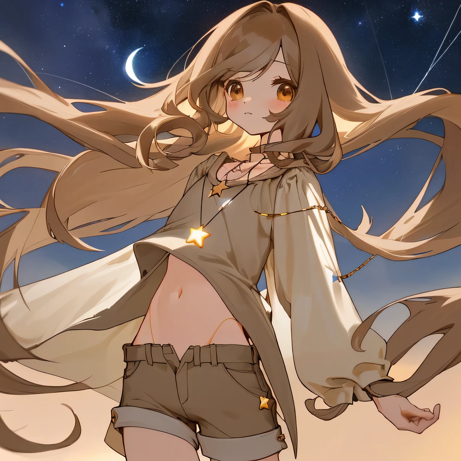long hair,cute,Long bangs,color is、Light brown hair color,Slim shorts,Thin clothing that exposes the midsection,Clothing long enough to cover the hands,small chain necklace,small star,Cute design,Night Sky