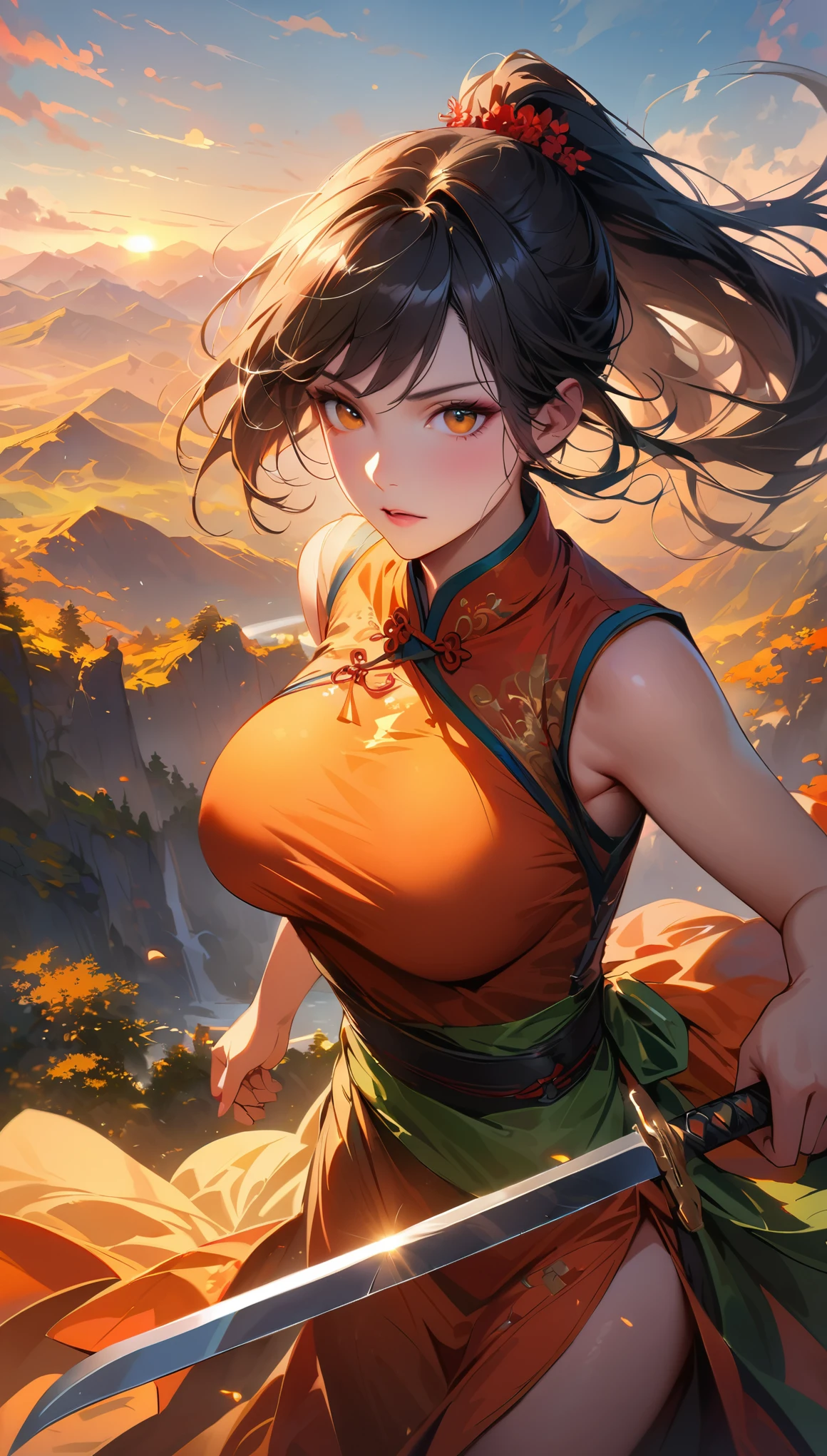 Photo of a woman with natural skin, Upper Body, Seaside cave, The light is shining in, High Twintails, Black hair with red mesh, Sharp eyes with red eyeshadow, Blue-green eyes, Shining eyes, A thin, upturned nose, Well-shaped lips, Big Breasts, ((China dress, Short sleeve)), barefoot, Makeup, Exquisitely crafted with the utmost attention to detail, Vibrant, amazing, Smooth, Cinematic, 4K, Backlight, (()), Shallow depth of field, ((Detailed eyes:1.3, Detailed lips:1.3, high quality, )), masterpiece, Super detailed images, High quality