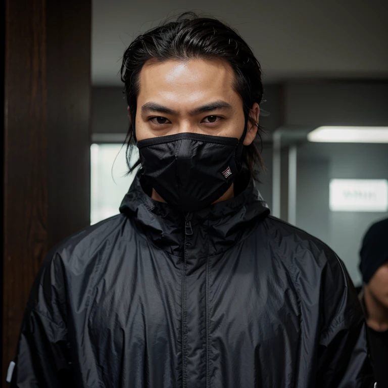 Un homme asiatique avec des cheveux noirs et une cagoule qui couvre son visage,il porte une tenue de ninja