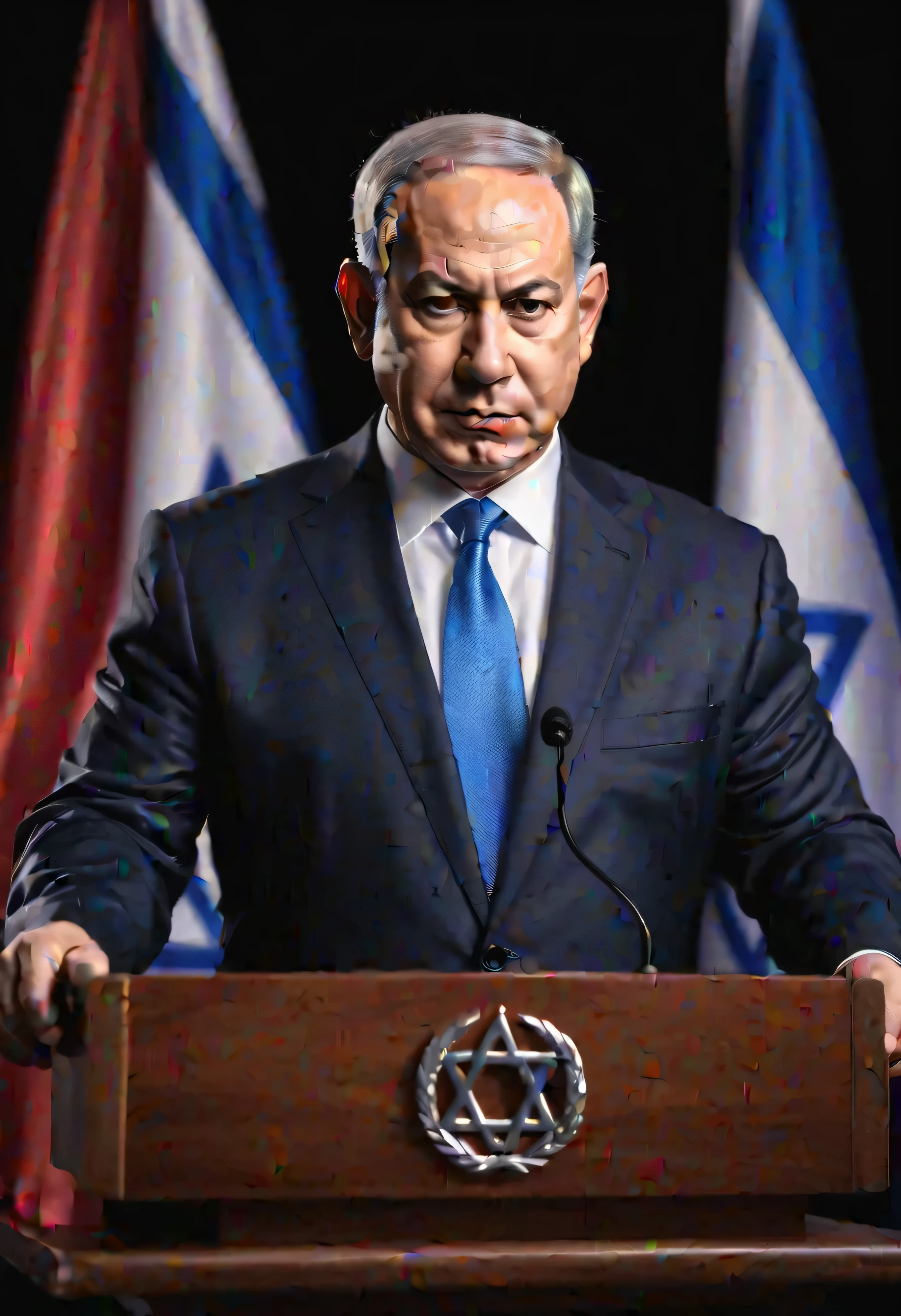 best quality,ultra-detailed,realistic,portrait,sharp focus,colorful,studio lighting,cutting board,meat,slaughtering,blood,surrounding crowd,Israeli flag,leadership,expressionless face,serious,formal attire,standing on a podium,dramatic lighting,Benjamin Netanyahu,Israel's Prime Minister.