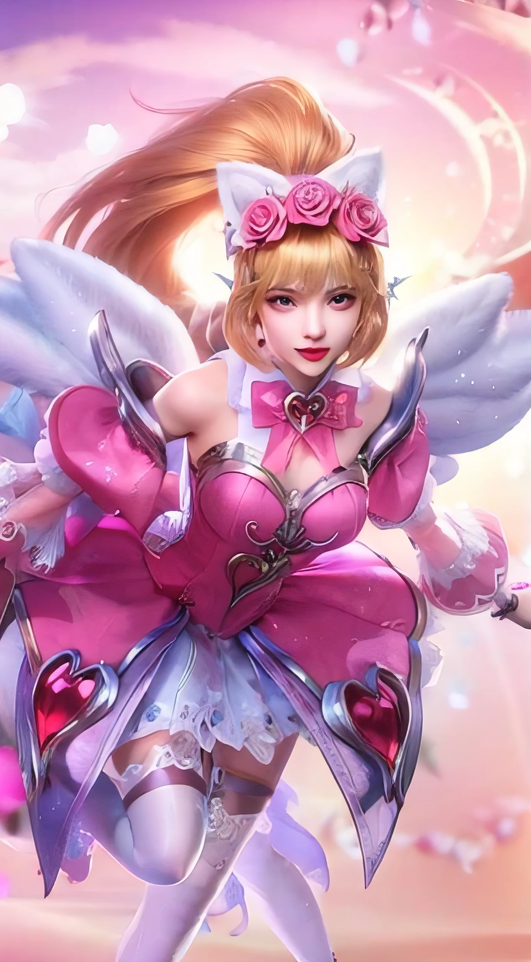 Beautiful girl in a pink dress holding a sword and a pink rose, ahri, orianna, seraphine ahri kda, extremely detailed artgerm, fuchsia skin below the armor, lux from league of legends, style artgerm, league of legends character, cupid, fuchsia skin, portrait of ahri, pink iconic character