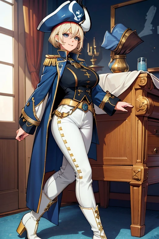 female, gold short hair with white highlights, blue eyes, (((1girl))), (((blue privateer coat with gold accents))), (white blouse), (black vest), (black privateer boots), (white pants), (red tricorn hat with gold trim), cute and sexy, large breasts, large butt, full body, long legs, smiling