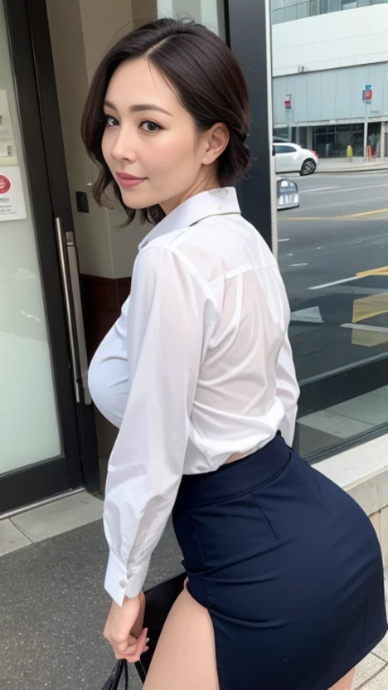 High resolution, high resolution, Attention to detail, masterpiece, Rough skin, Anatomically correct, sharp,
In front of an office building、
((japanese milf, 50 years old)), alone, ((Facial wrinkles)), Shapely large breasts, Random hairstyle, Chubby body type,
(((Accentuate your butt))) ,white collared blouse、Navy blue tight skirt、Big Ass、Look Down、landscape,A gentle smile、A gaze that seduces viewers、