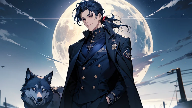 masterpiece, highest quality, Confused, male,Dark blue hair, Low Ponytail,Black and navy blue pilot suit,expensive,,Carrying wolves,He has a navy blue coat draped over his shoulders,,dark blue eyes,Laugh a little,With the wolf,dawn