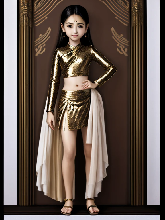 creates hyperrealistic images. 10 year old Javanese girl, sweet beauty, small and gentle smile, hair in a typical Jogjakarta bun, ukel konde bun, small hairpin, gold earrings and jewelry, black kebaya with complicated and unique motifs (gold sequins), black stagen, white jarik typical Jogja fabric motif, gold sequined sandals, hand namaste, full body photo, looking at the camera, very realistic, very detailed