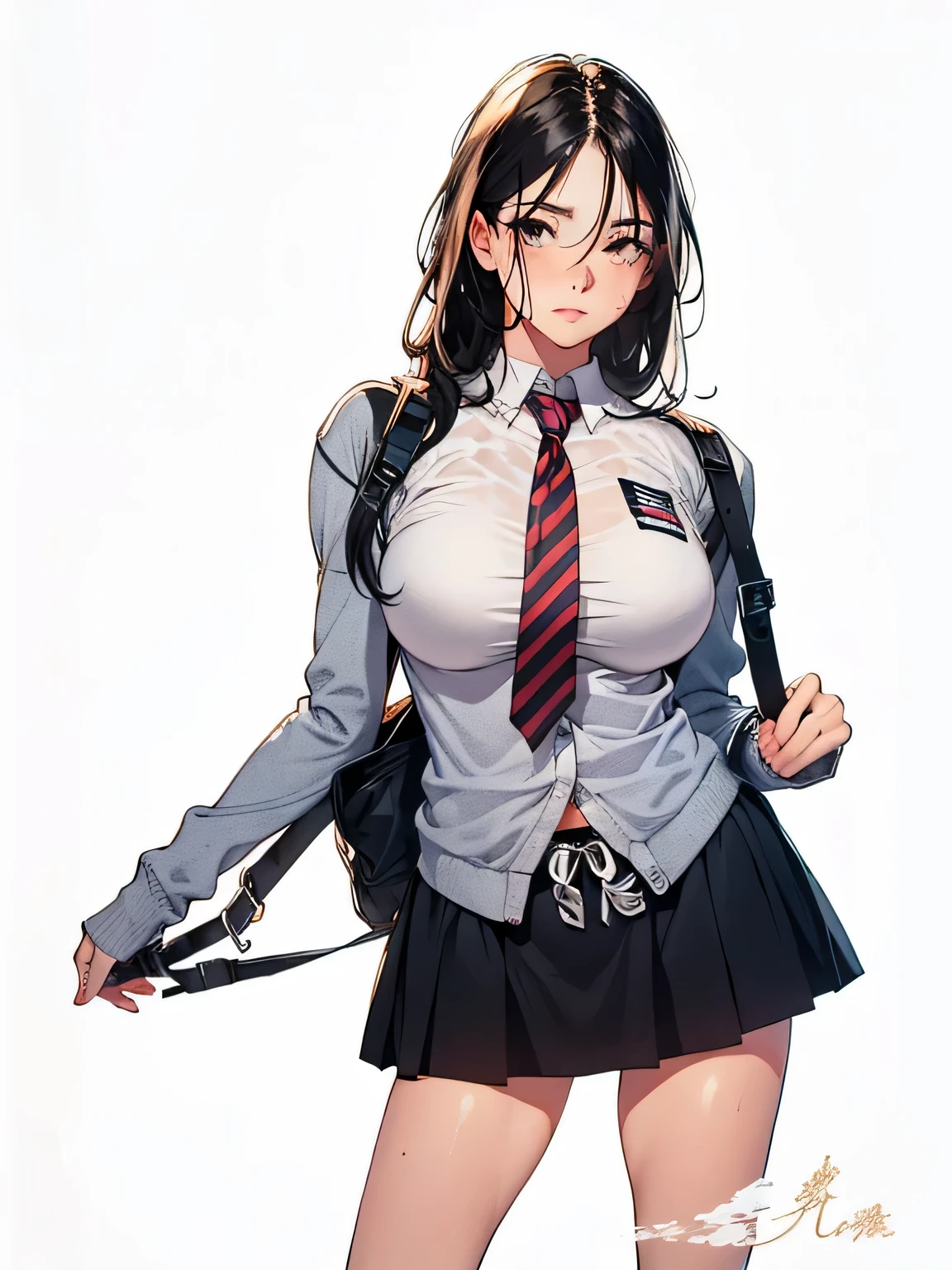 (1girl), black hair, extremely long hair, yellow eyes, (massive female bodybuilder) (huge breasts) thick thighs, solo, angry, (pale skin), cowboy shot, school uniform