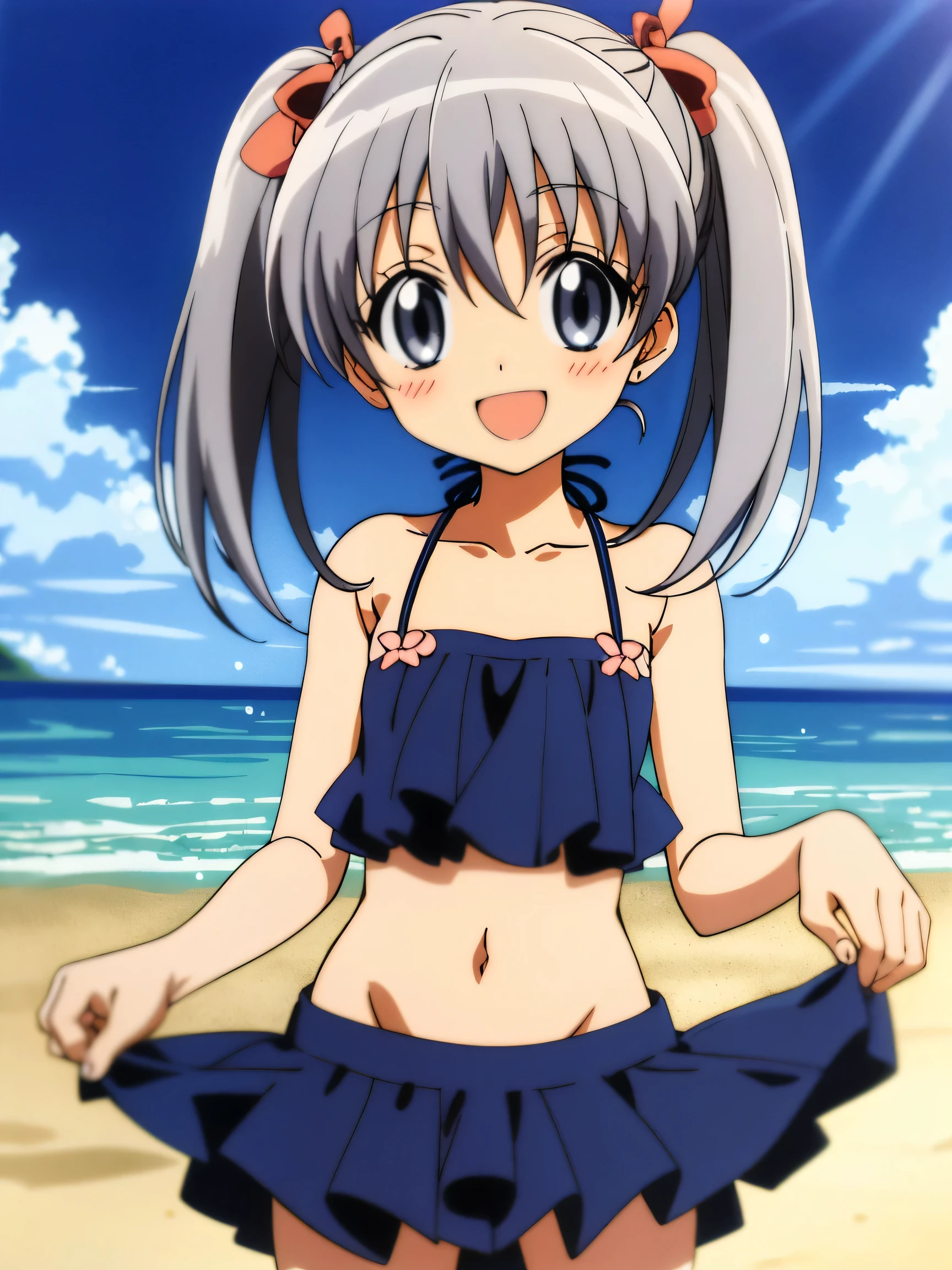 Silver Hair、Grey Eyes、Twin tails、、Flat Chest、short、Micro Bikini、High Leg、masterpiece、High resolution、highest quality、Detailed face、Anime Moe Art Style、abdomen、belly button、Cowboy Shot、blush、Embarrassing、smile、Outdoor、healthy、Puffy nipples、Anime Best Girl, Cute Anime Girl、Beach、Groin