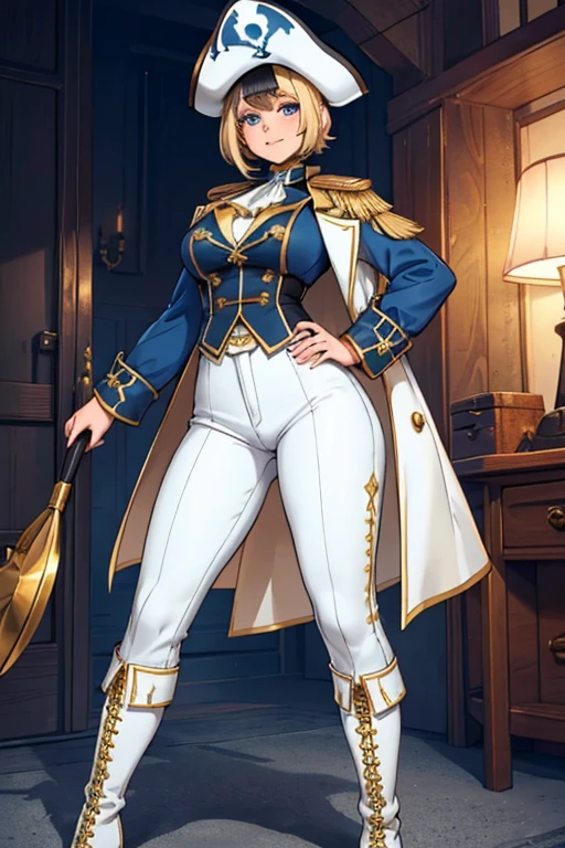 female, gold short hair with white highlights, blue eyes, (((1girl))), (((blue privateer coat with gold accents))), (white blouse), (black vest), (black privateer boots), (white pants), (red tricorn hat with gold trim), cute and sexy, large breasts, large butt, full body, long legs, smiling