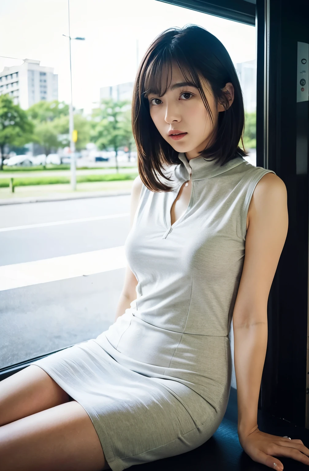 8k、highest quality、masterpiece、超A high resolution、picture、Beautiful Japanese Women(Comfortable:1.1) 、grace、good、Beautiful Face、Gradient lighting、One Girl、Delicate skin、Looking into the distance、Brown eyes、Short hair with bangs、(Large breasts:1.0)、(middle breast wheel:0.8)、(Realistic:1.4)、(highest quality:1.0)、(超A high resolution:1.0)、8k、Raw photo、(masterpiece:0.2)、(Purelos Face_v1:0.5)、Contrast Trim Polo Neck Bodycon Dress、one piece、Polo-style dress、Super mini length、The skirt is short、Futomo、Cotton clotheini Dress、Collared dress、Sleeveless、No sleeve、tight、Upper body naked、Cotton clothes、Sleeveless、No sleeve、What can I do for you?、look away、bus stops、Late at night、rotary、bus stop、Complete darkness、bench、Waiting for the bus、over time、Late at night、Midnight、Complete darkness、theme、Tilt、Look at this、Big butt、Large bust、A little chubby、Sweep your bangs to the side、Big Ass、neatly trimmed hairstyle、Close your chest、Feels a little open、Brown clothes、necklace、、Big butt、Futomo、a little drunk、